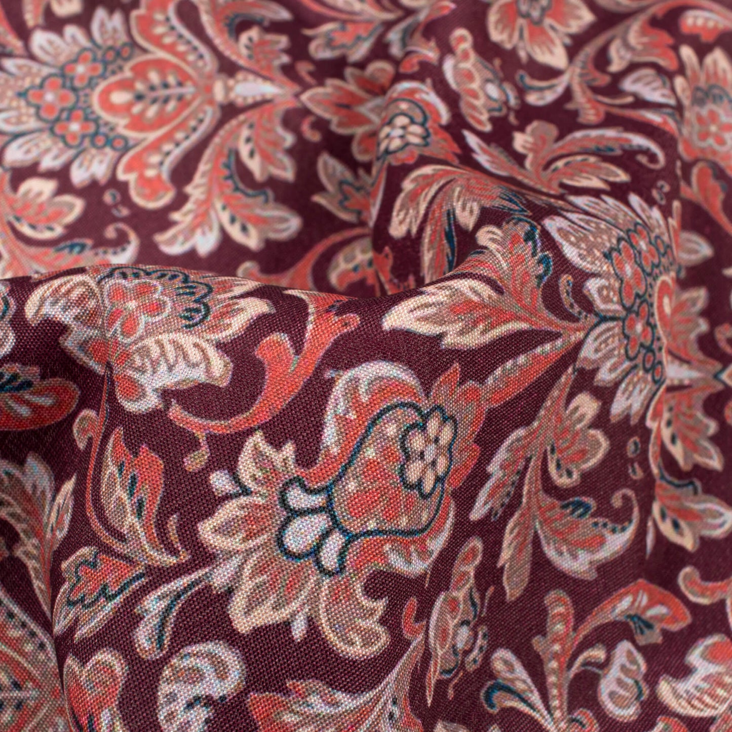 Maroon And Red Floral Pattern Digital Print Crepe Silk Fabric