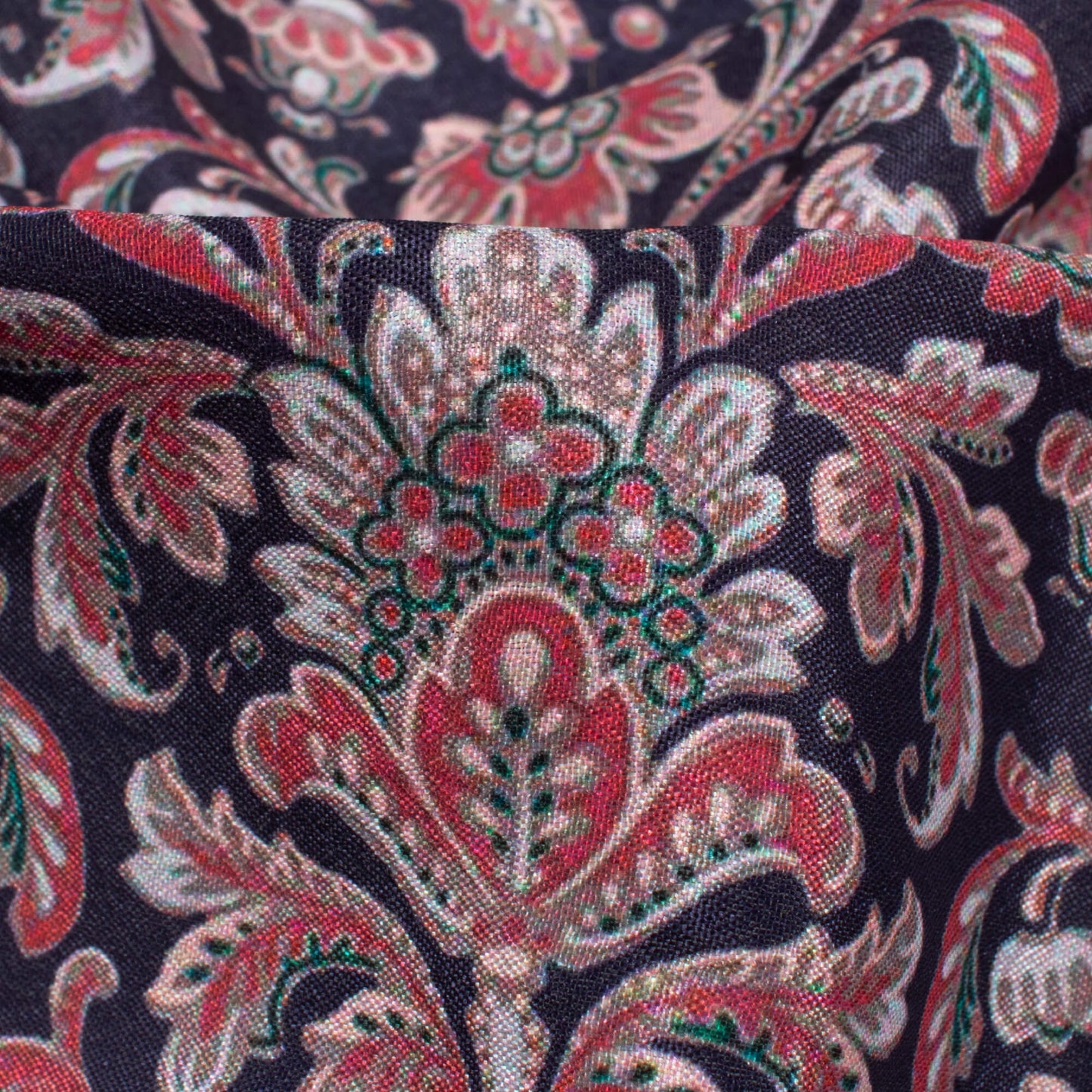 Prussian Blue And Red Floral Pattern Digital Print Crepe Silk Fabric