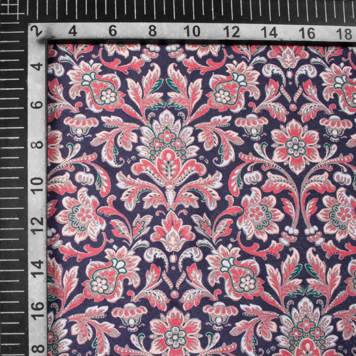 Prussian Blue And Red Floral Pattern Digital Print Crepe Silk Fabric