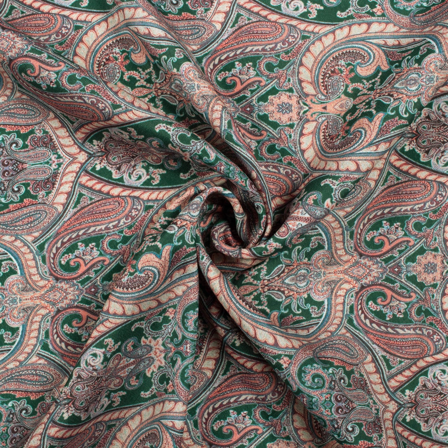 Forest Green And Cream Paisley Pattern Digital Print Crepe Silk Fabric