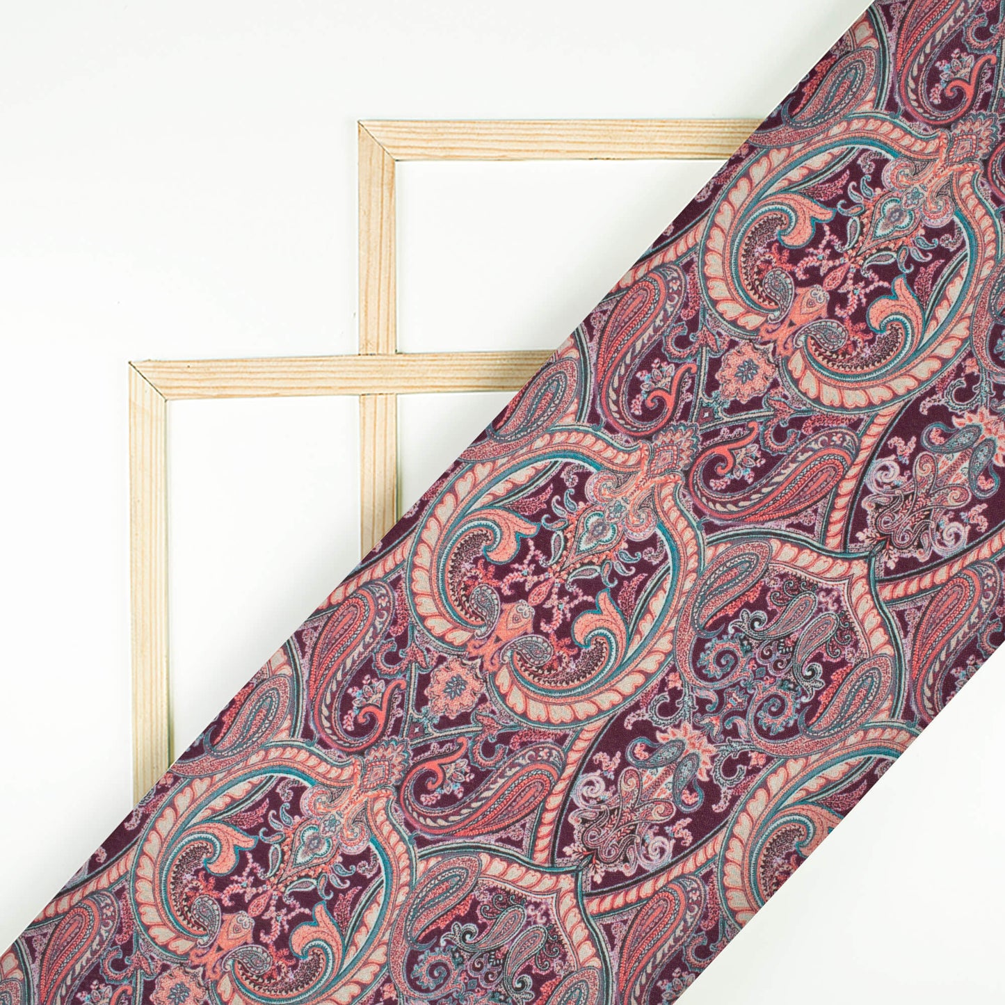 Burgandy And Cream Paisley Pattern Digital Print Crepe Silk Fabric