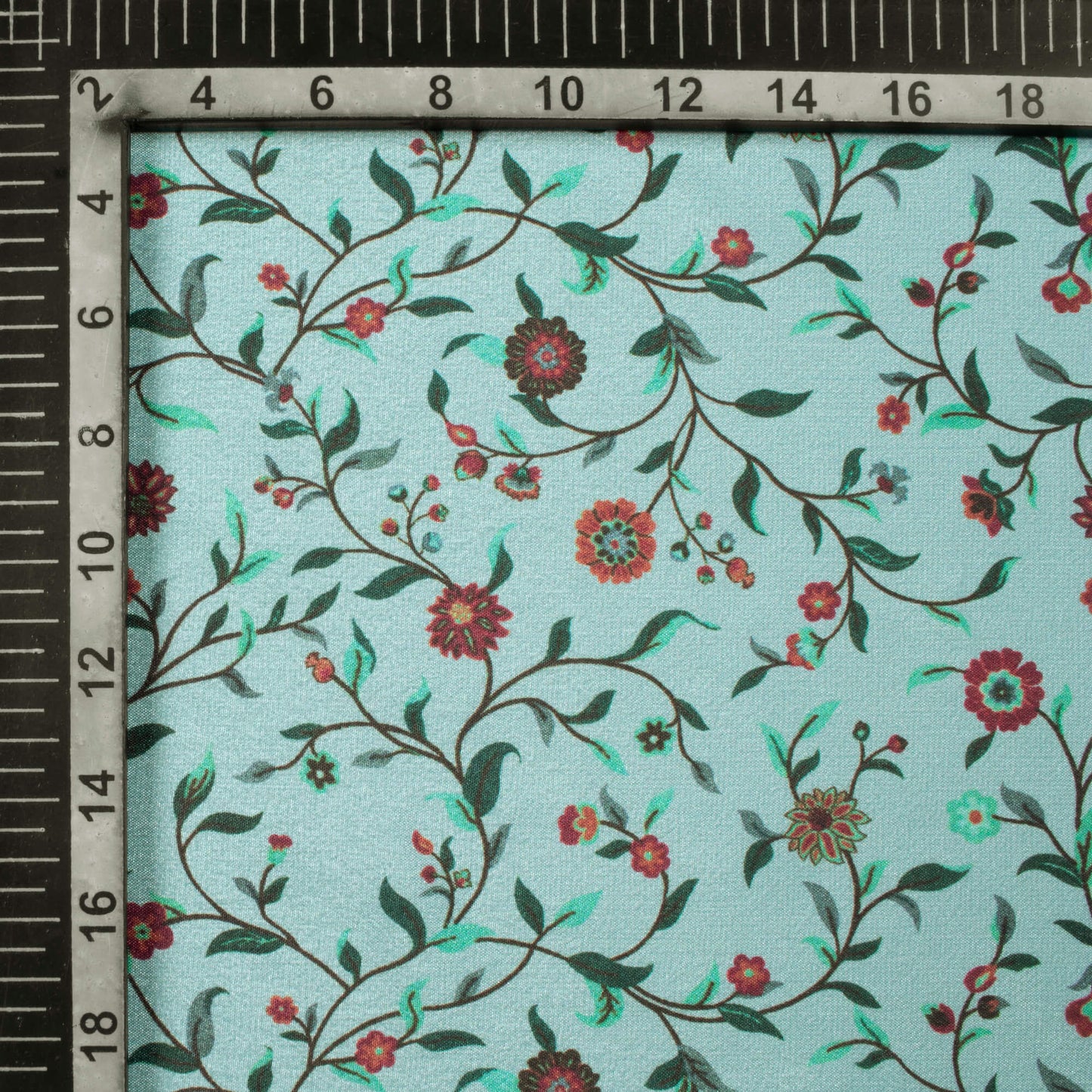 Pale Turquoise And Maroon Floral Pattern Digital Print Crepe Silk Fabric