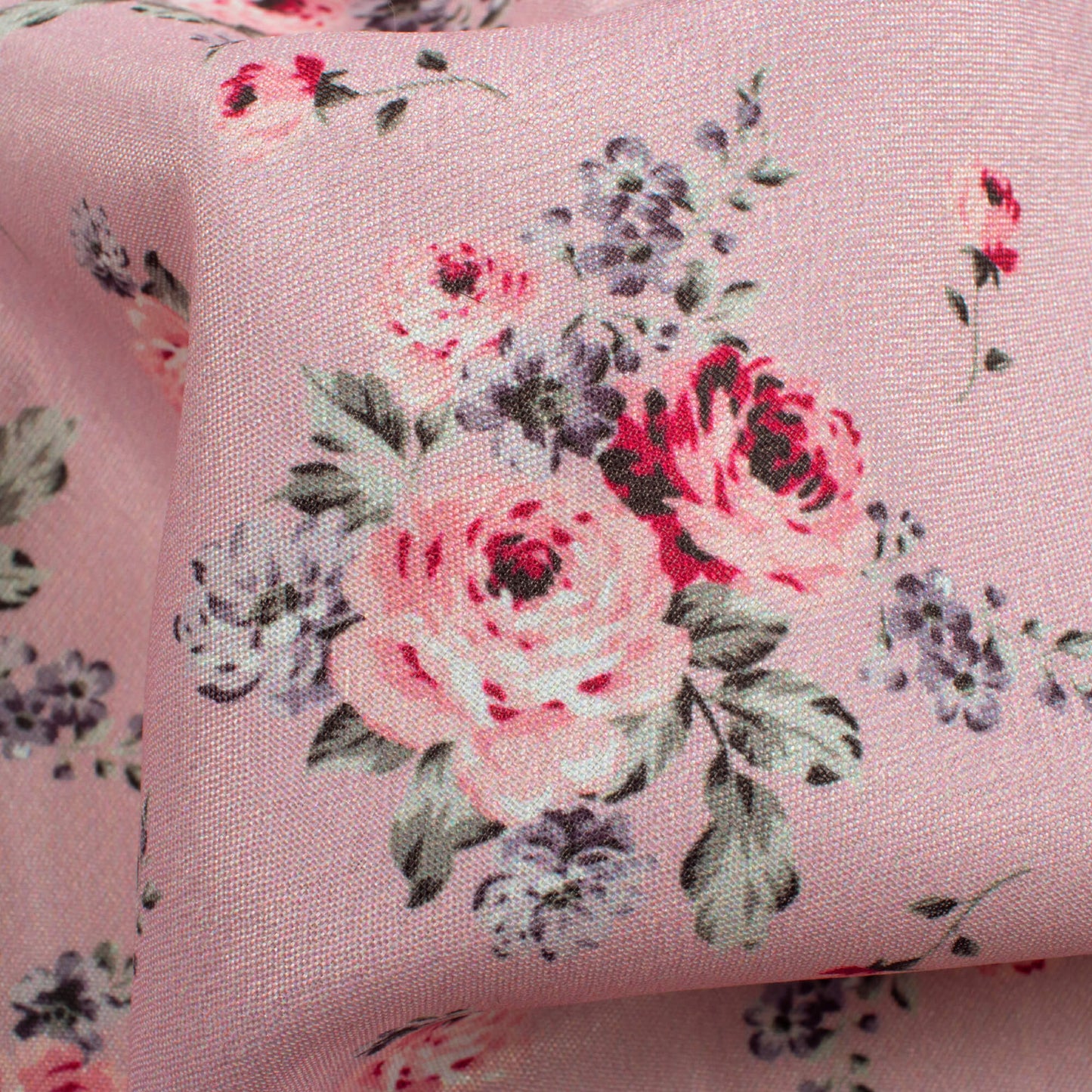 Baby Pink And Red Floral Pattern Digital Print Crepe Silk Fabric