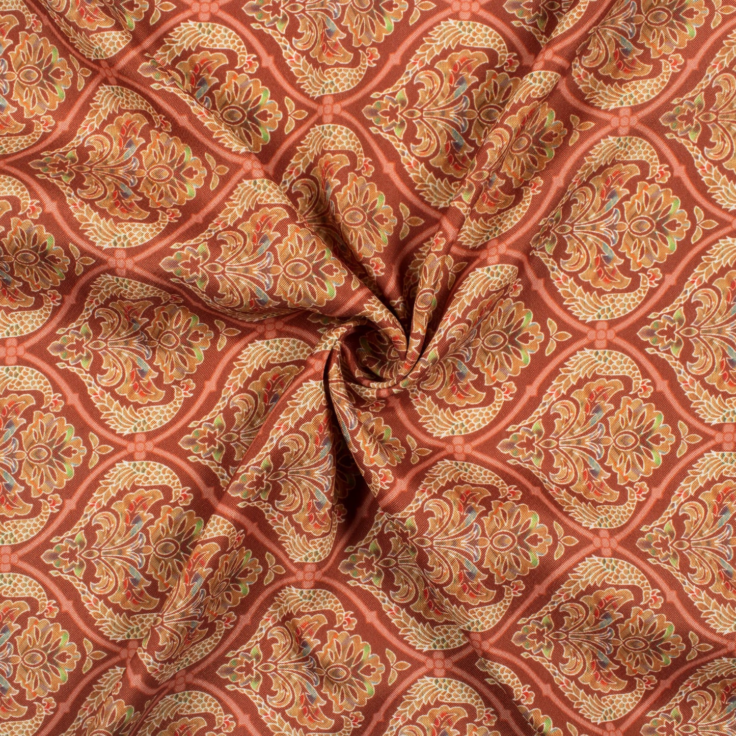 Barn Red And Cream Trellis Pattern Digital Print Crepe Silk Fabric