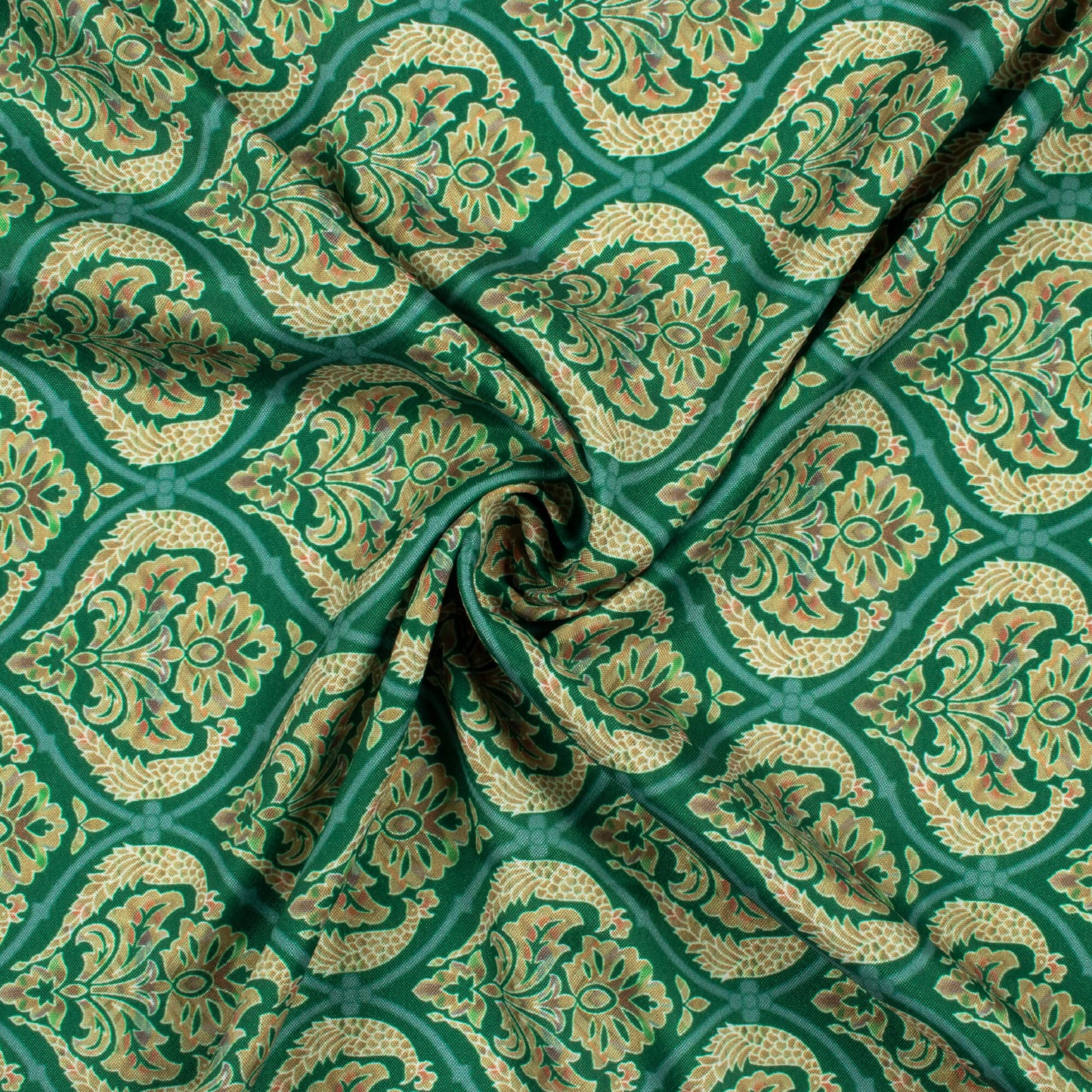 Sacramento Green And Cream Trellis Pattern Digital Print Crepe Silk Fabric
