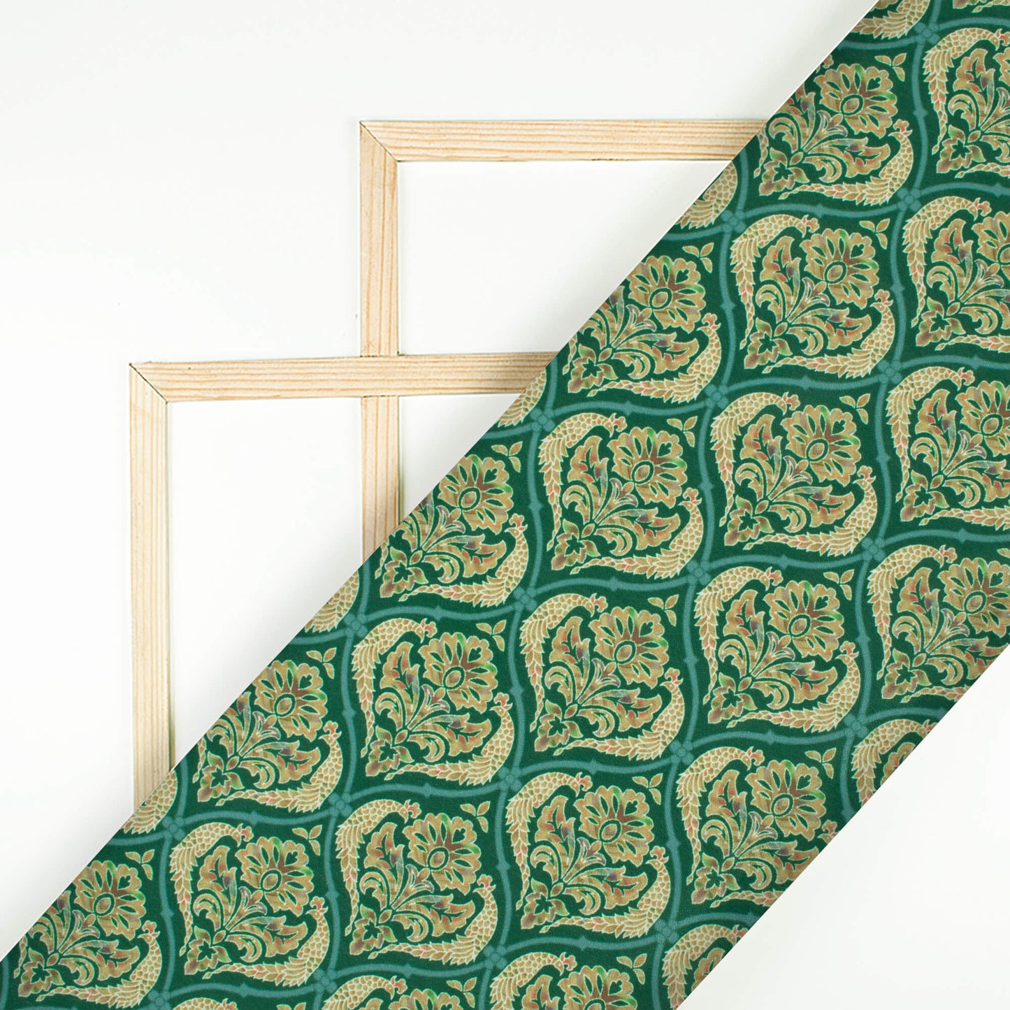 Sacramento Green And Cream Trellis Pattern Digital Print Crepe Silk Fabric