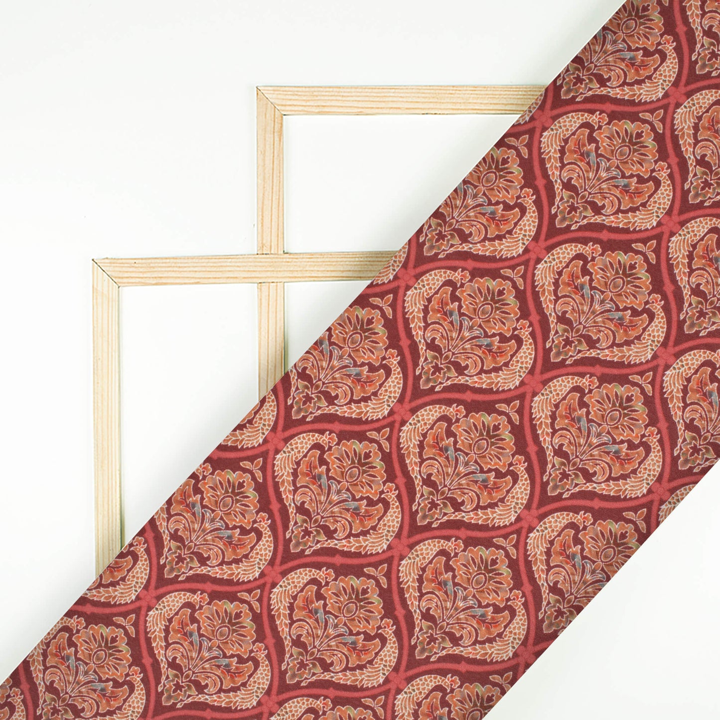 Maroon And Cream Trellis Pattern Digital Print Crepe Silk Fabric