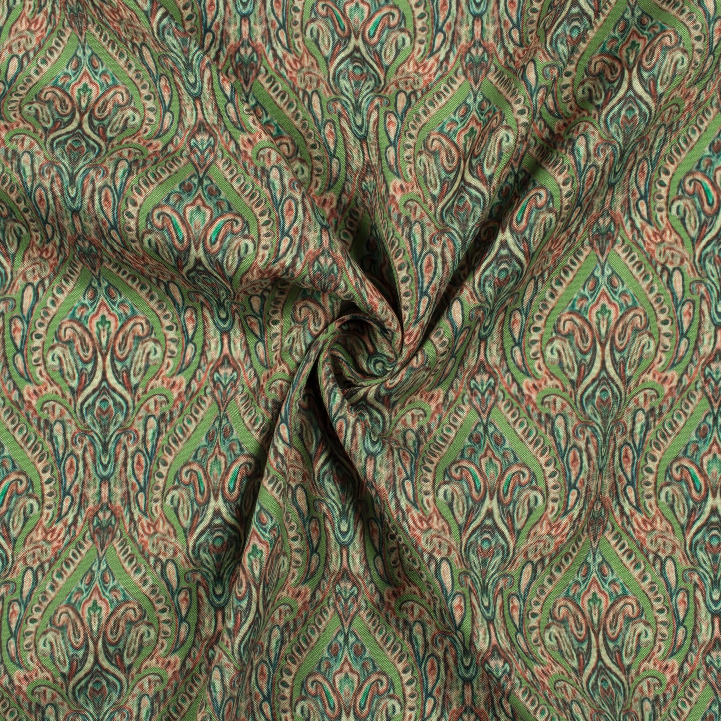Elaichi Green And Cream Ethnic Pattern Digital Print Crepe Silk Fabric