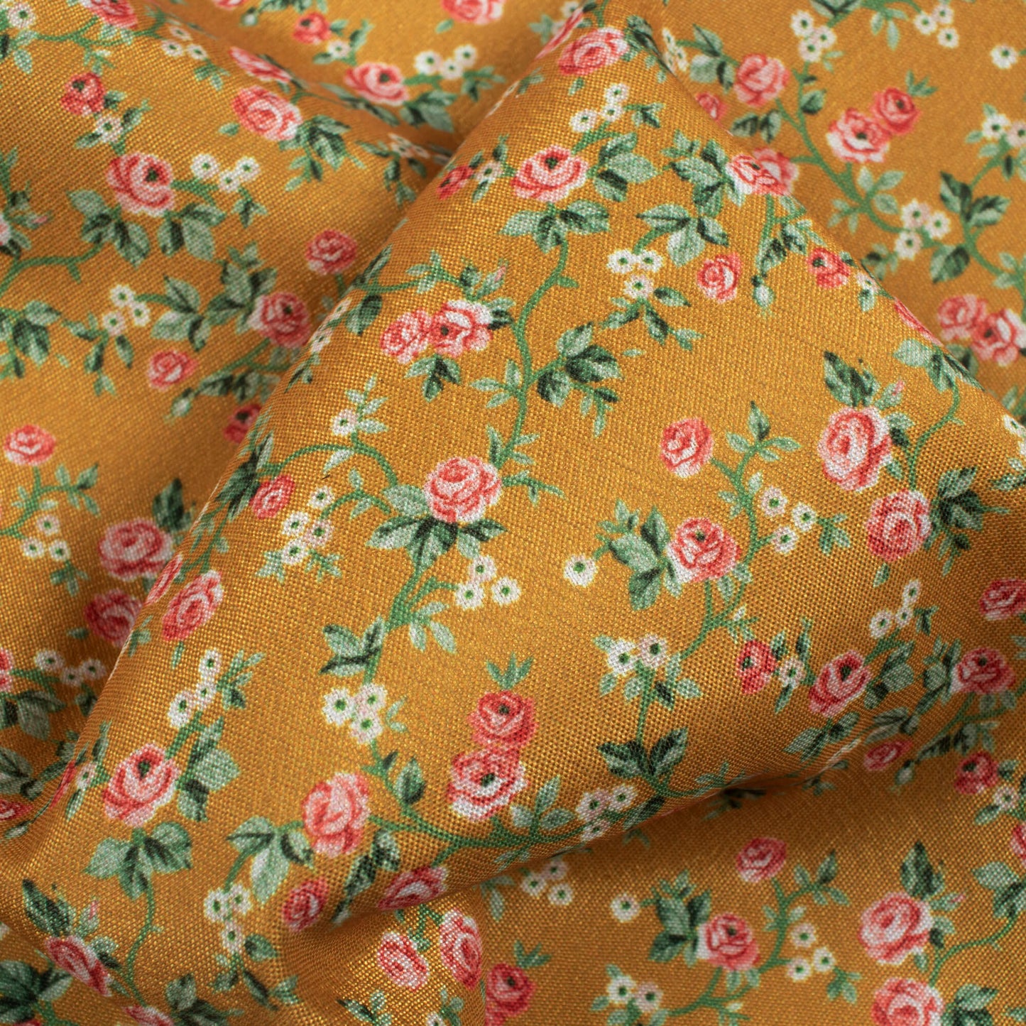 Goldenrod Yellow And Green Floral Pattern Digital Print Crepe Silk Fabric
