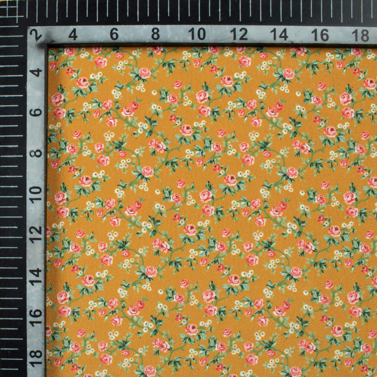 Goldenrod Yellow And Green Floral Pattern Digital Print Crepe Silk Fabric