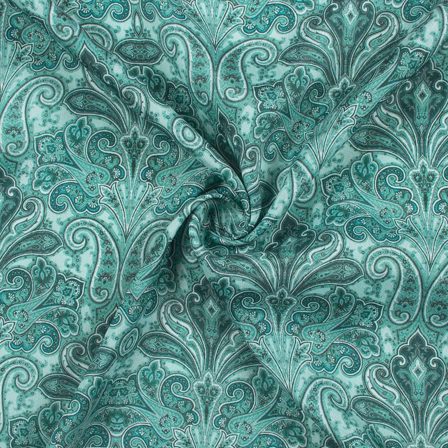 Teal Blue Paisley Pattern Digital Print Crepe Silk Fabric