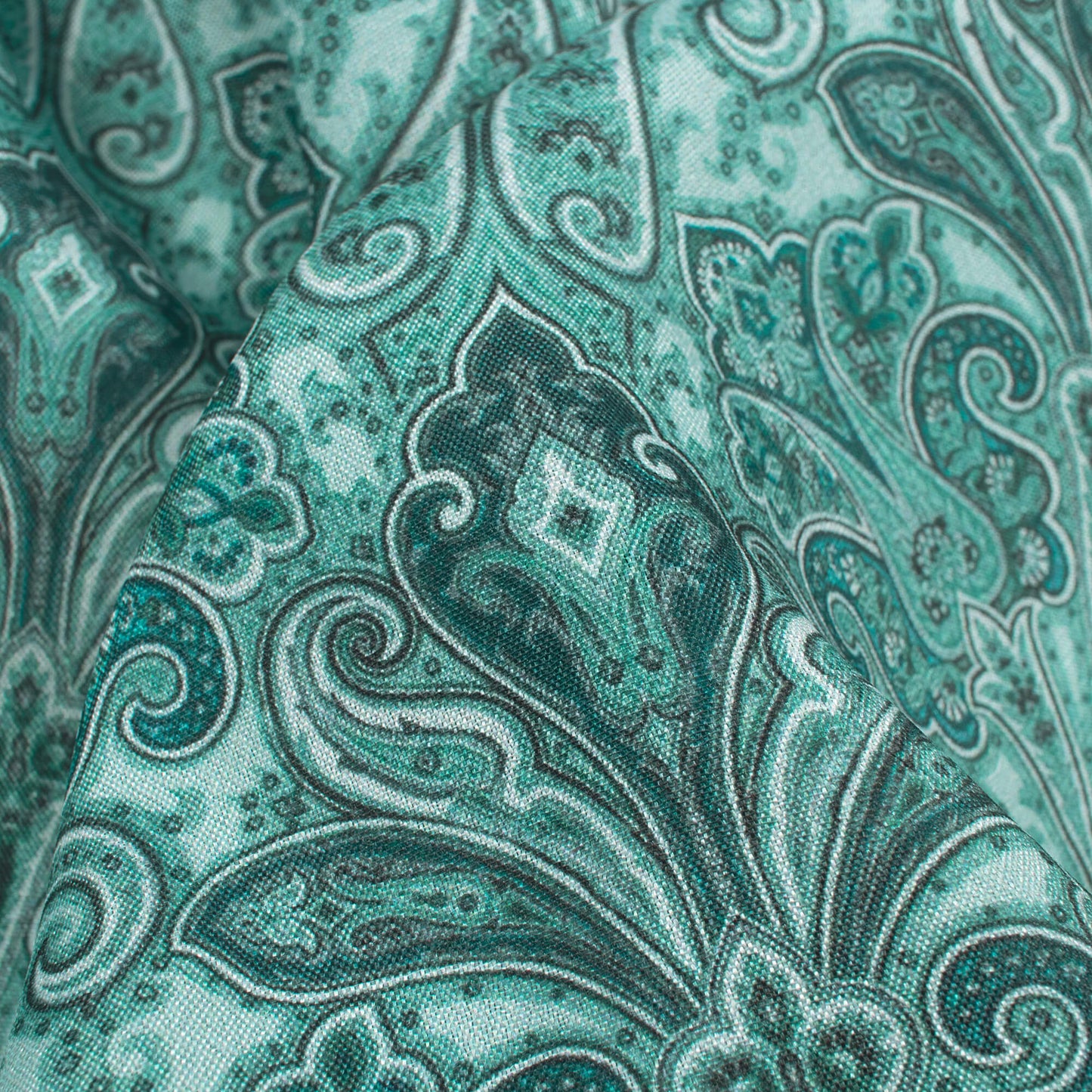 Teal Blue Paisley Pattern Digital Print Crepe Silk Fabric