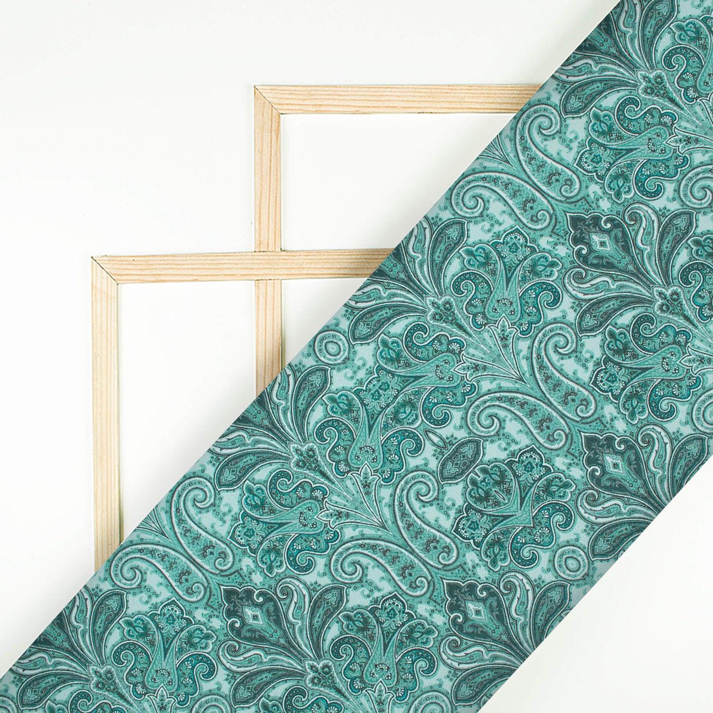Teal Blue Paisley Pattern Digital Print Crepe Silk Fabric