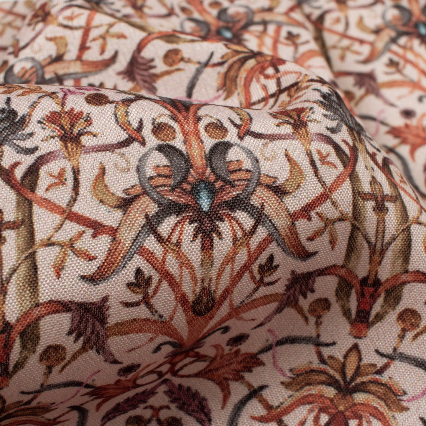 Peach And Red Traditional Pattern Digital Print Crepe Silk Fabric