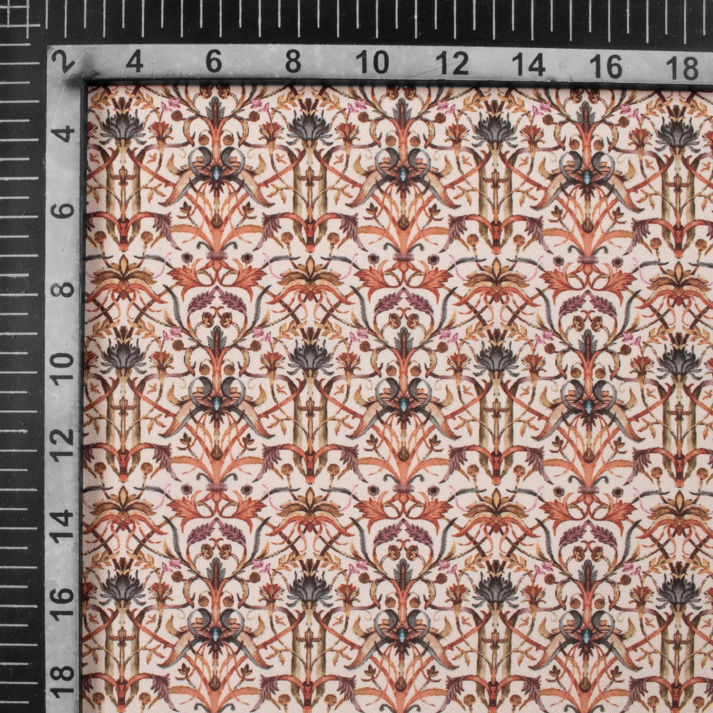 Peach And Red Traditional Pattern Digital Print Crepe Silk Fabric