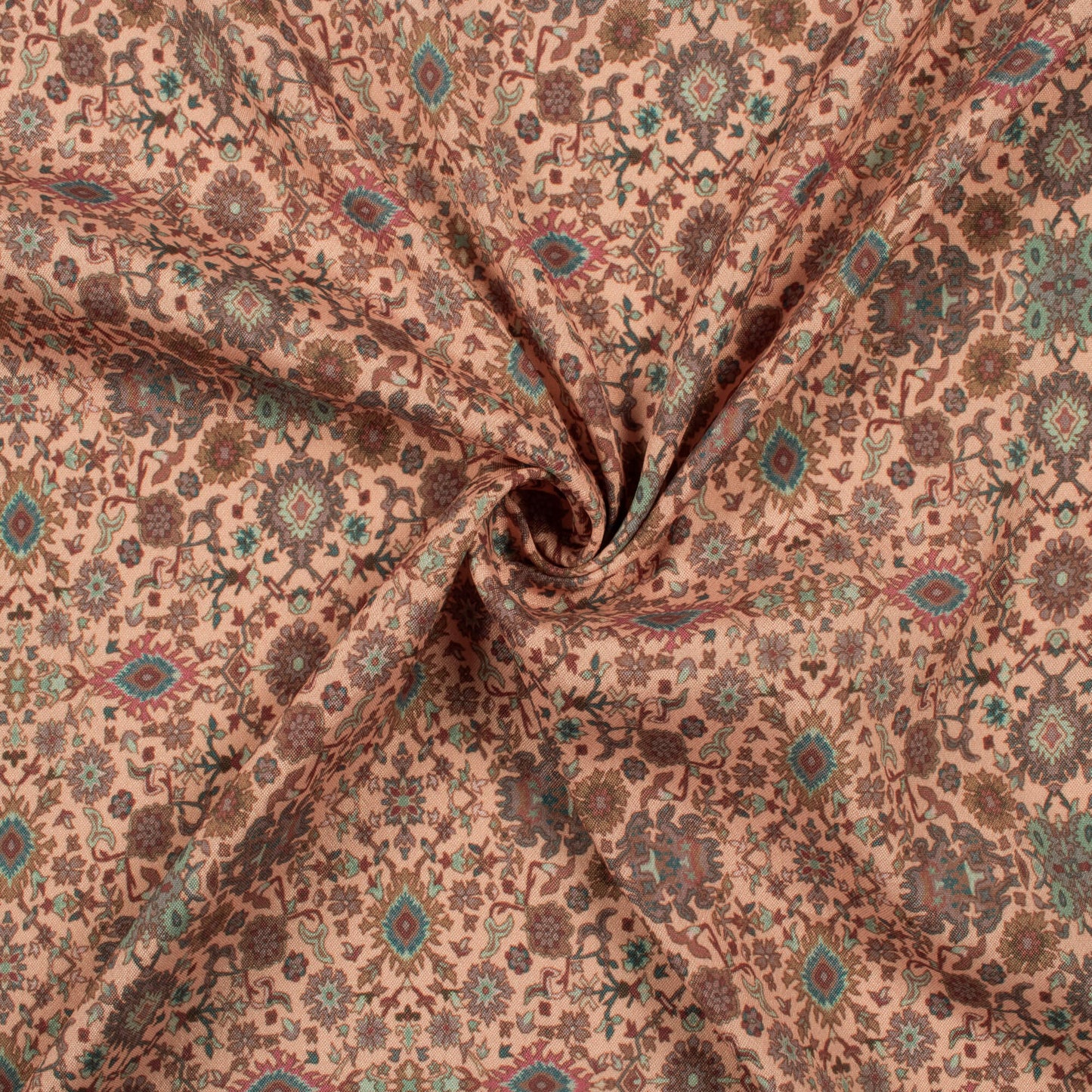 Peach And Brown Traditional Pattern Digital Print Crepe Silk Fabric