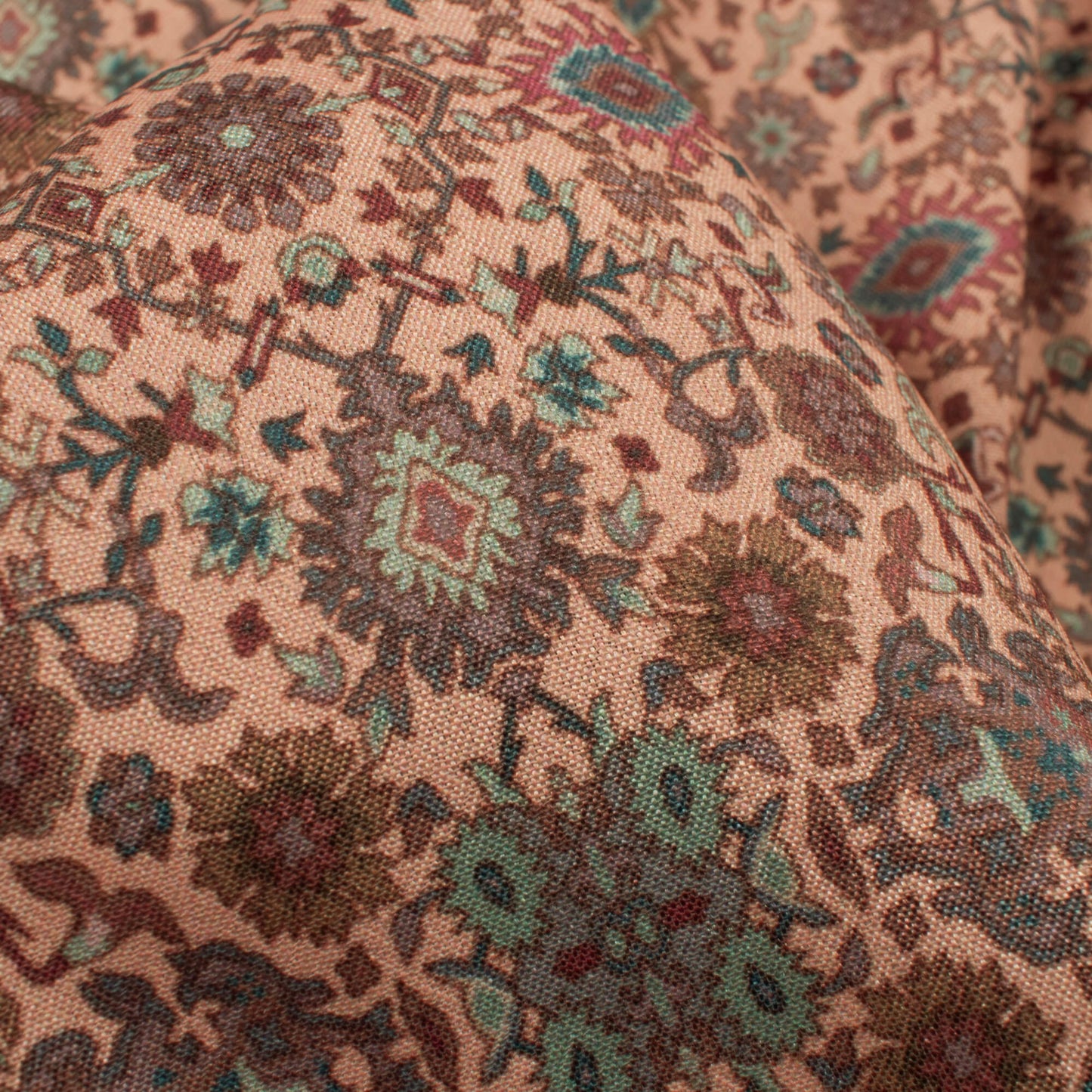 Peach And Brown Traditional Pattern Digital Print Crepe Silk Fabric