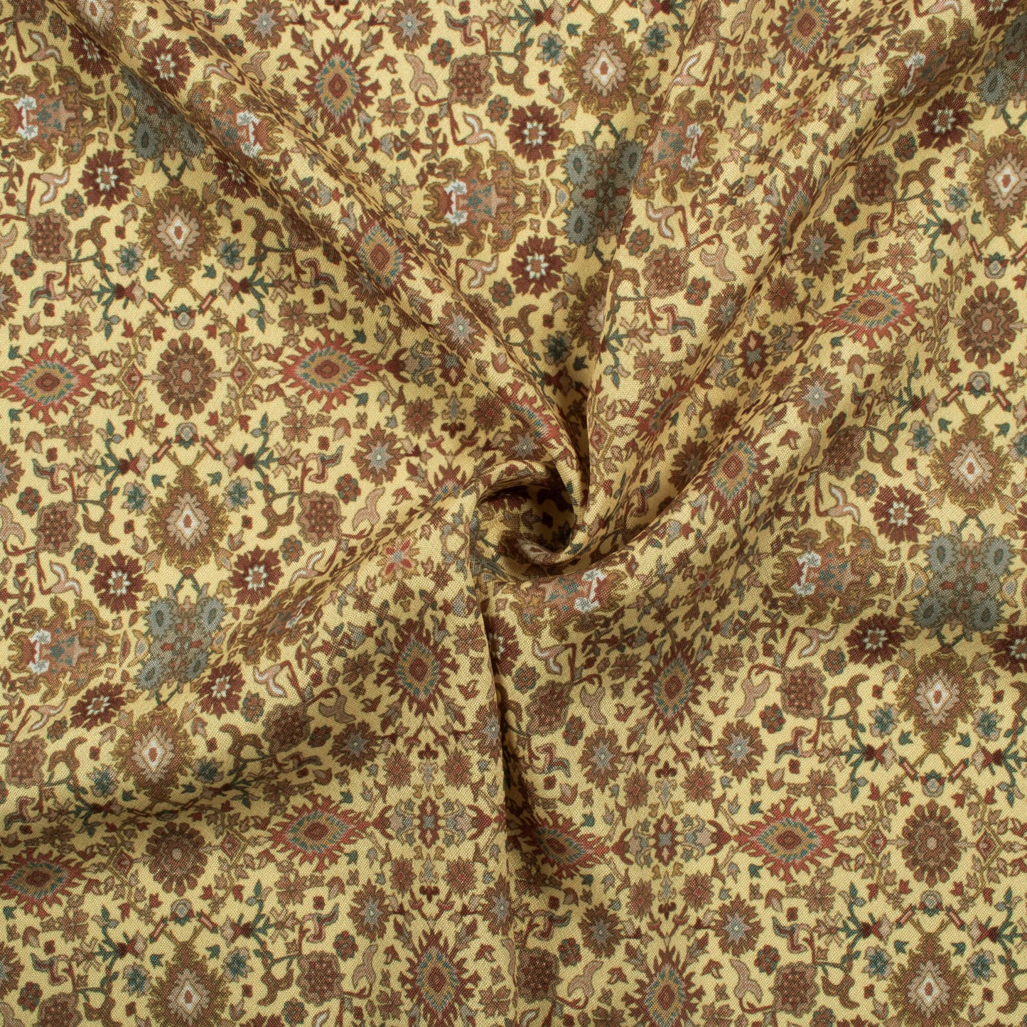 Laguna Yellow And Brown Traditional Pattern Digital Print Crepe Silk Fabric