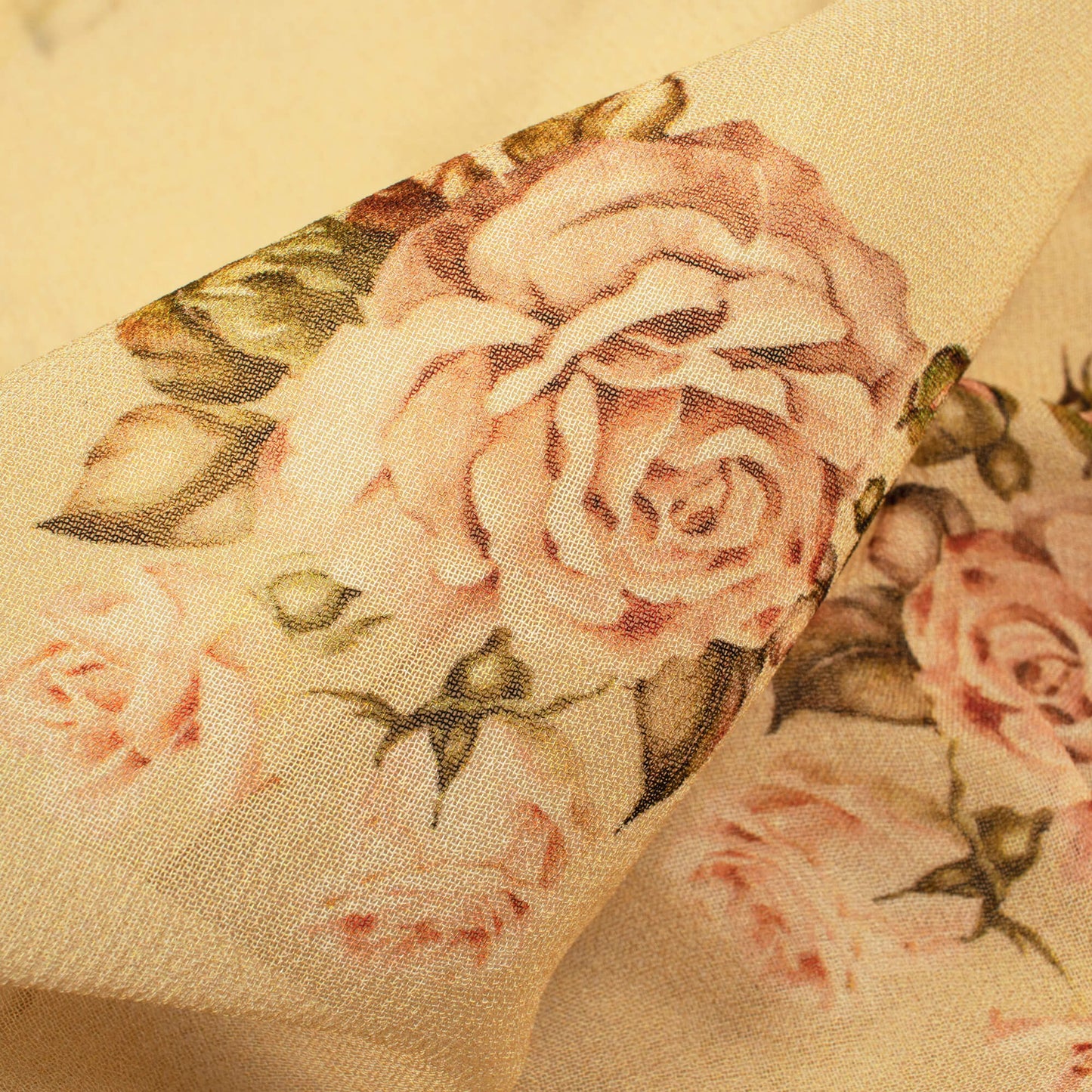 Beige And Army Green Floral Pattern Digital Print Pure Georgette Fabric