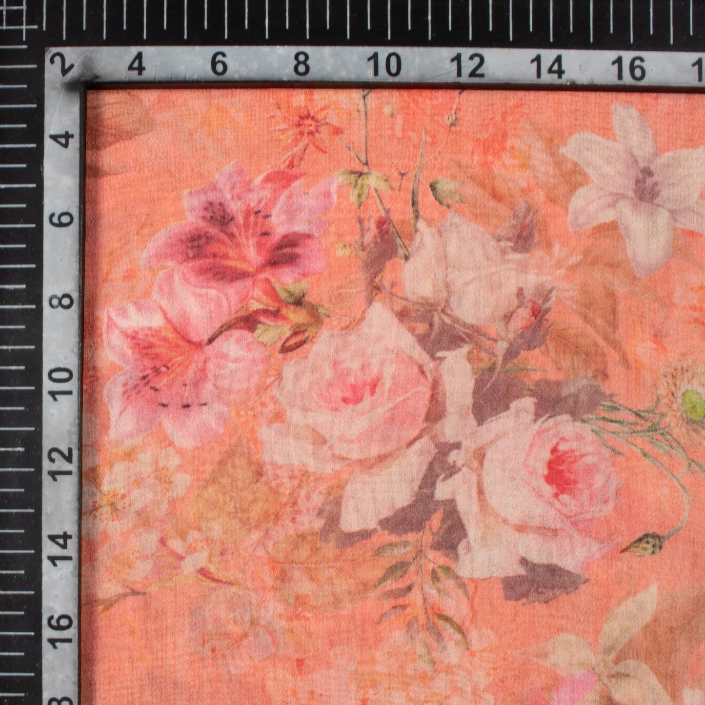 Salmon Orange And Pink Floral Pattern Digital Print Pure Georgette Fabric
