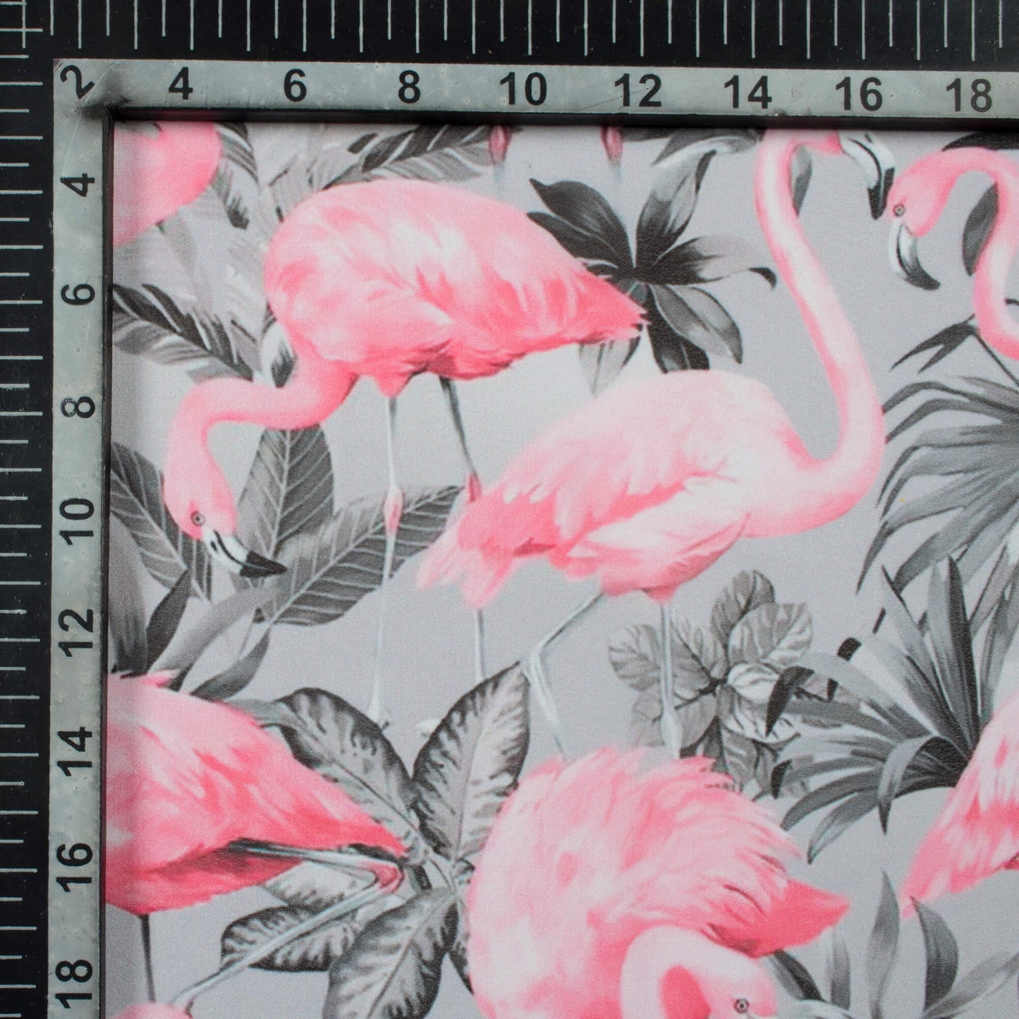 Steel Grey And Flamingo Pink Bird Pattern Digital Print Georgette Fabric