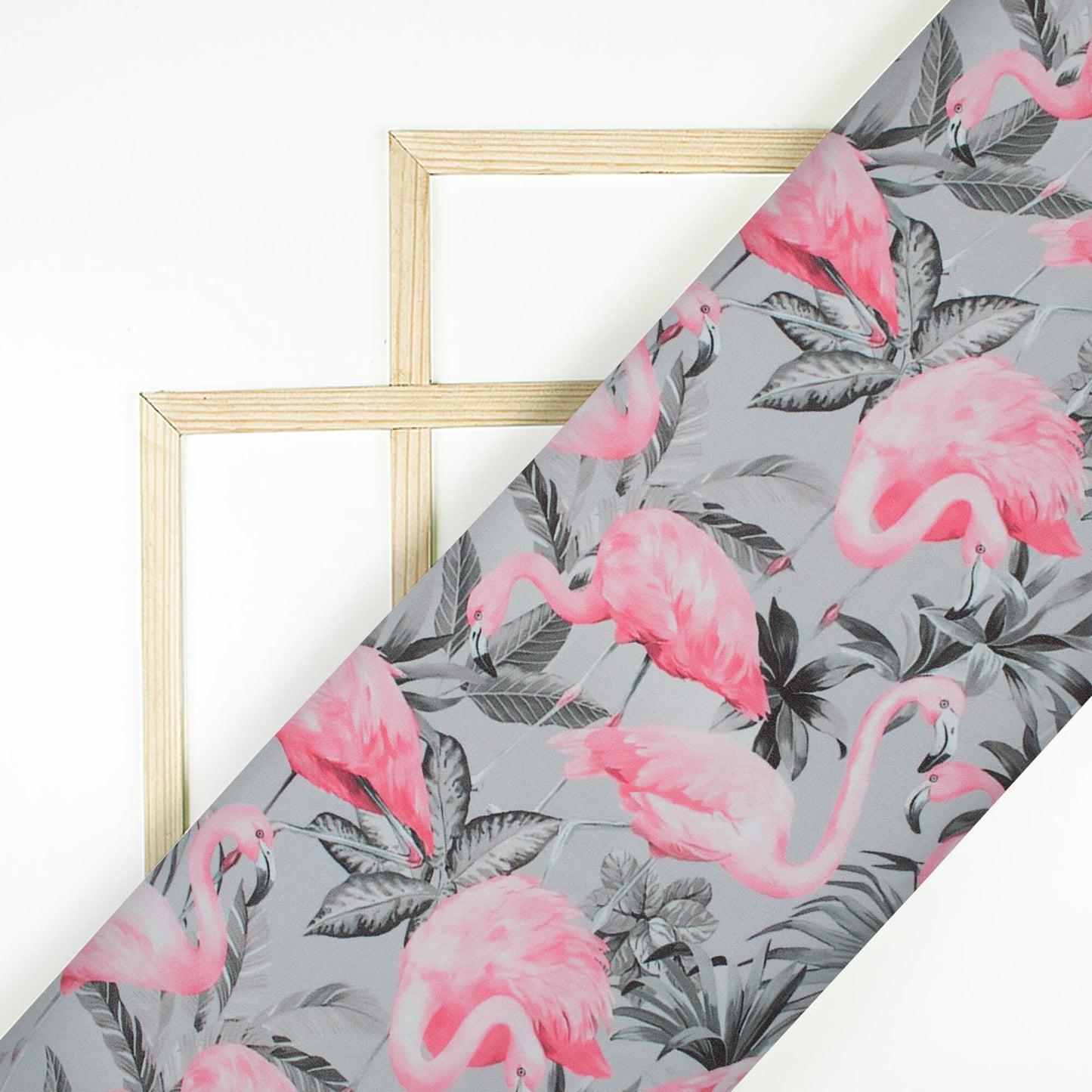 Steel Grey And Flamingo Pink Bird Pattern Digital Print Georgette Fabric