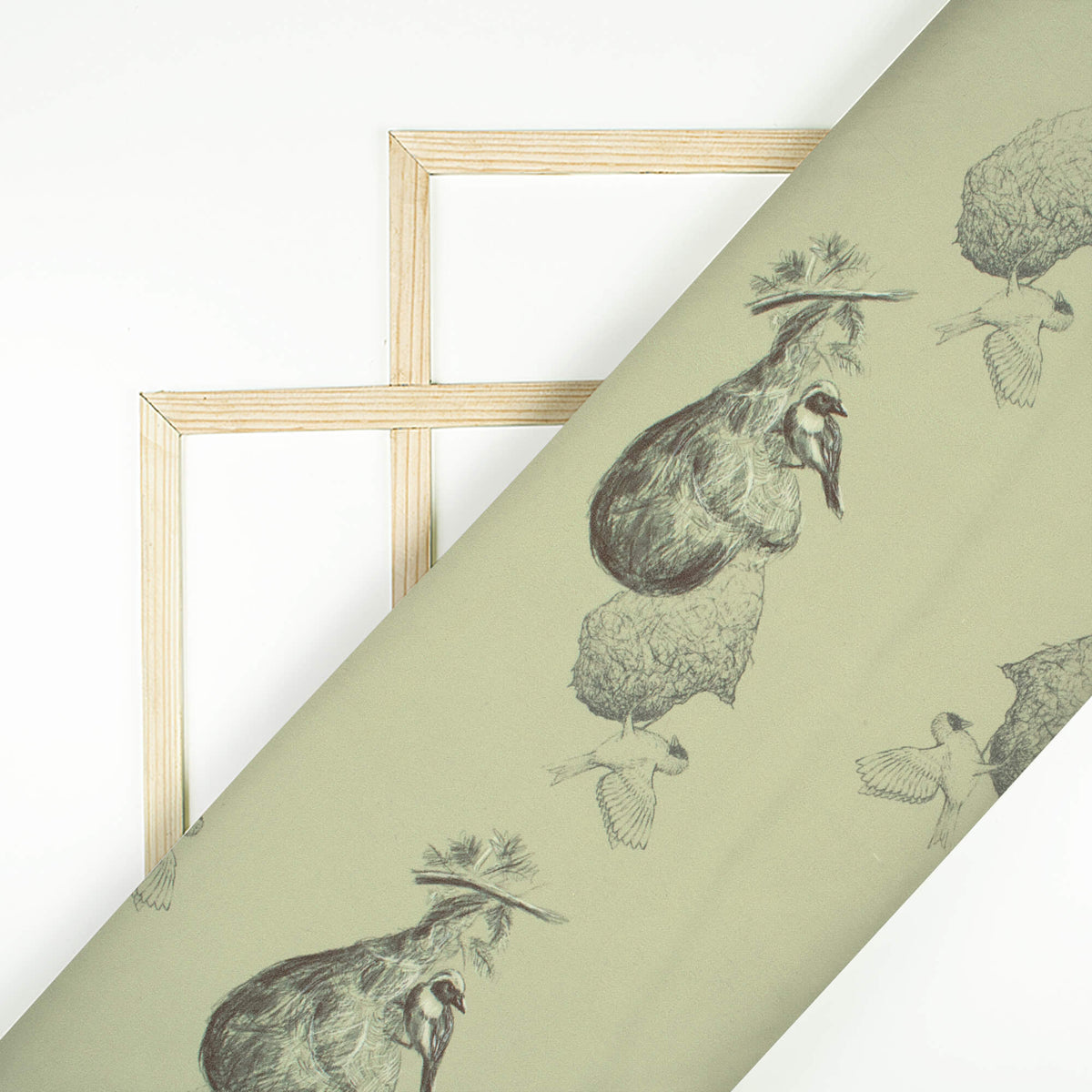 Sage Green Bird Pattern Digital Print Georgette Fabric