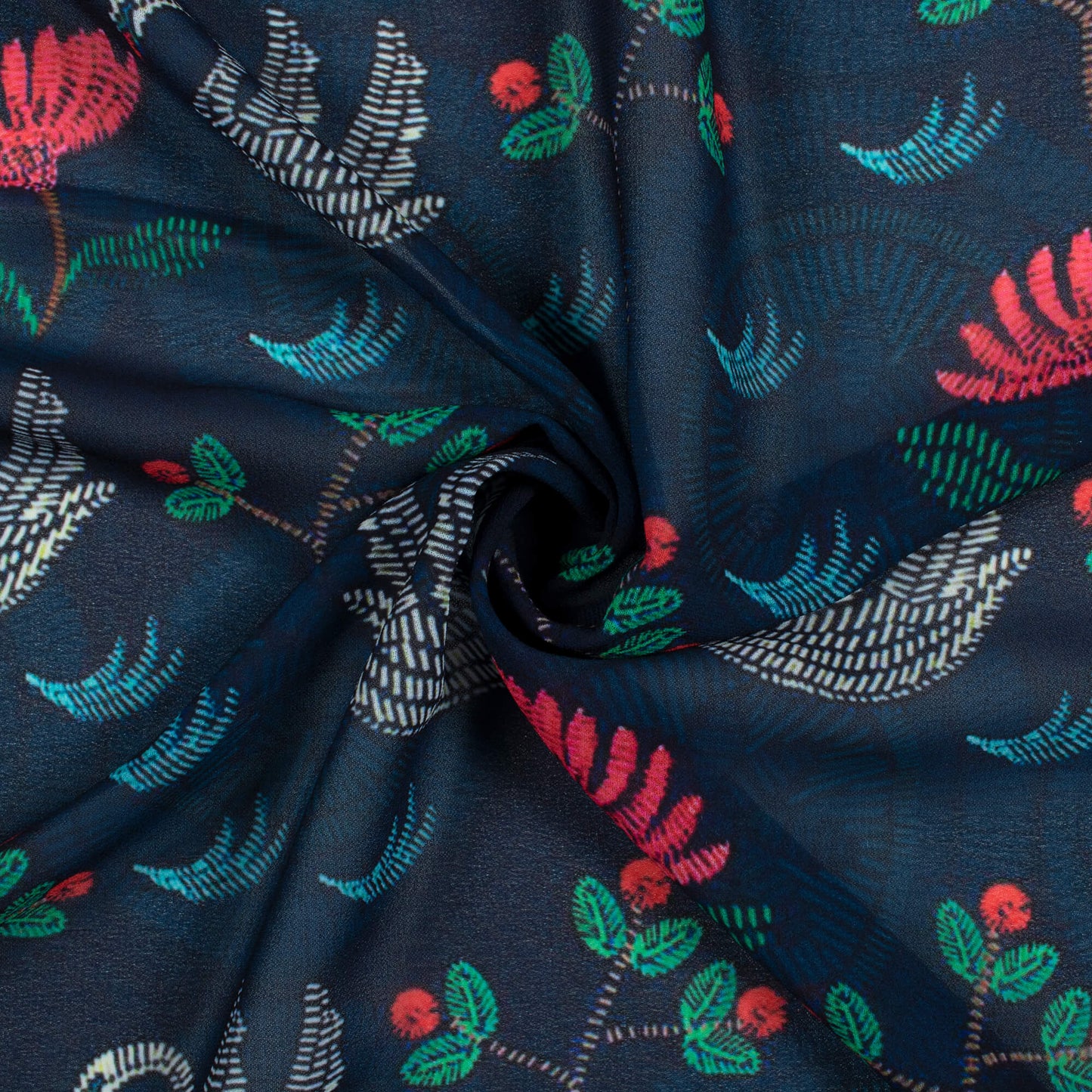 Dark Pine Green And White Bird Pattern Digital Print Georgette Fabric