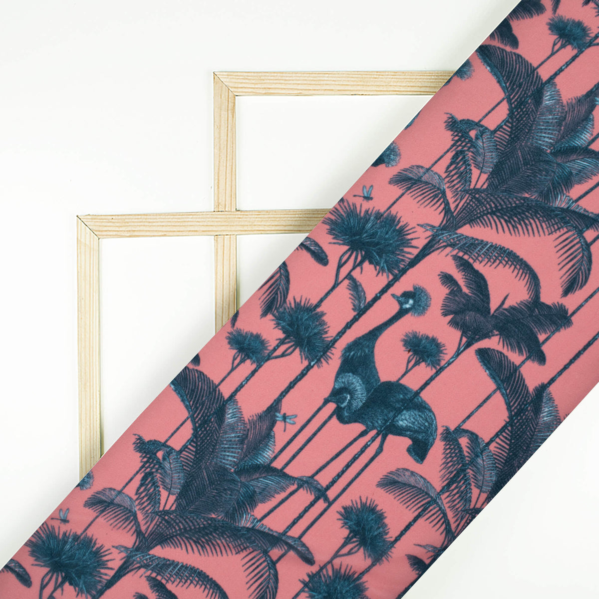 Coral Peach And Slate Grey Bird Pattern Digital Print Georgette Fabric