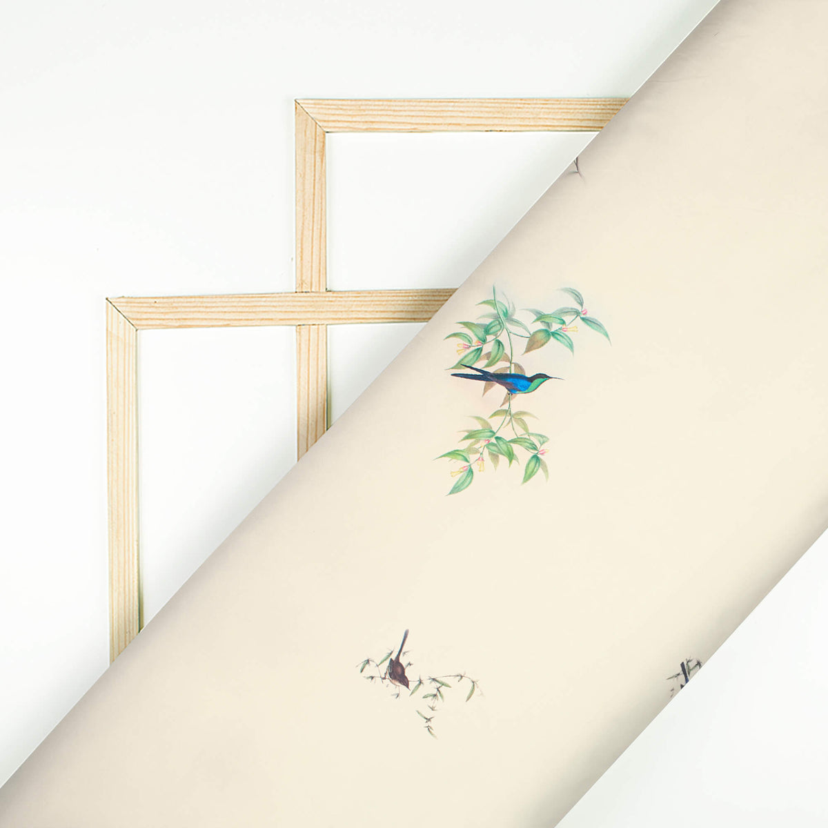 Linen Cream And Green Bird Pattern Digital Print Japan Satin Fabric