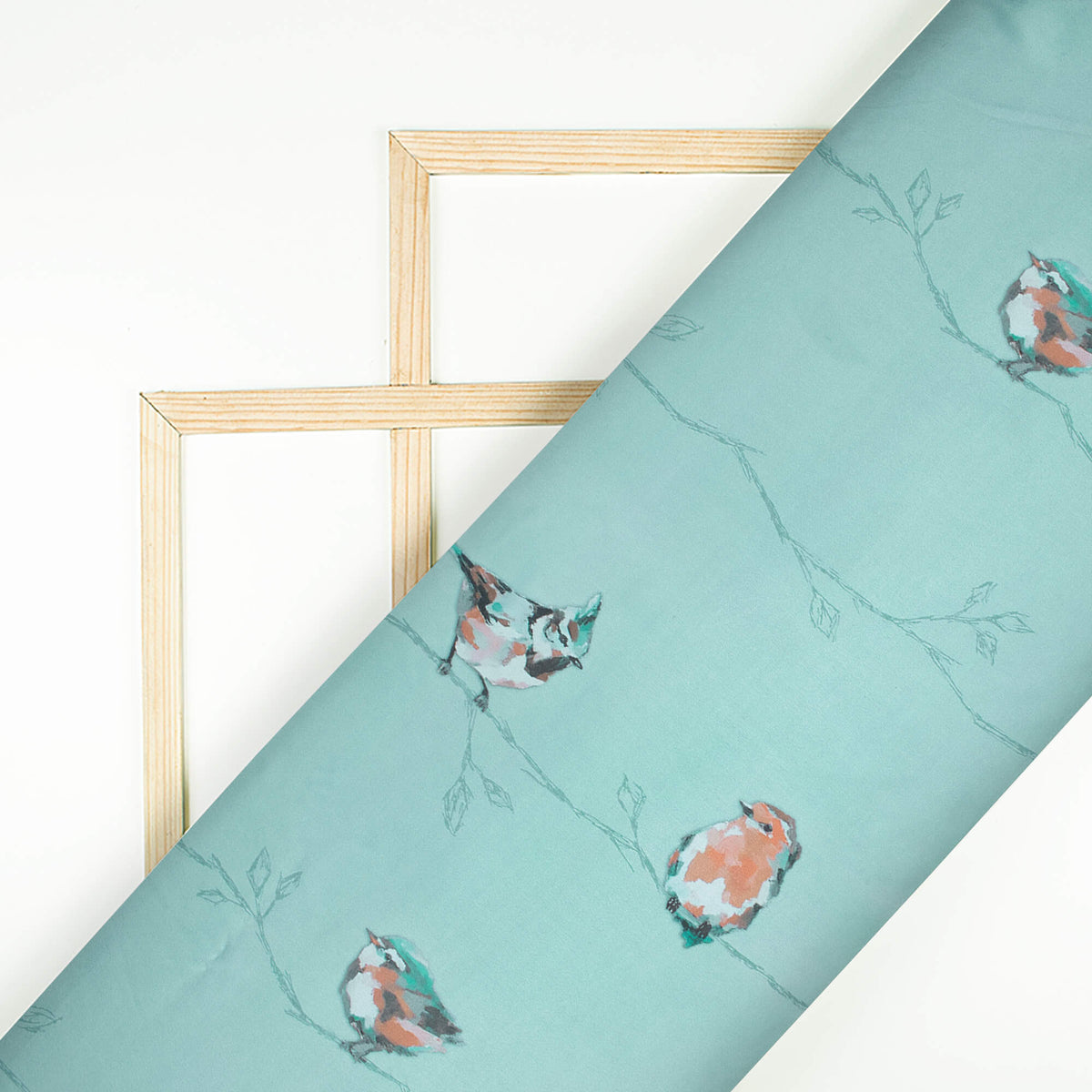 Cadet Blue And Cider Orange Bird Pattern Digital Print Japan Satin Fabric
