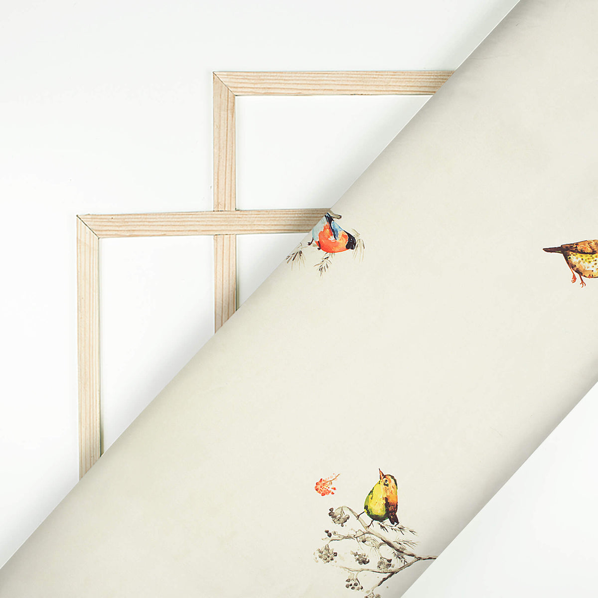 Ivory White Bird Pattern Digital Print Japan Satin Fabric