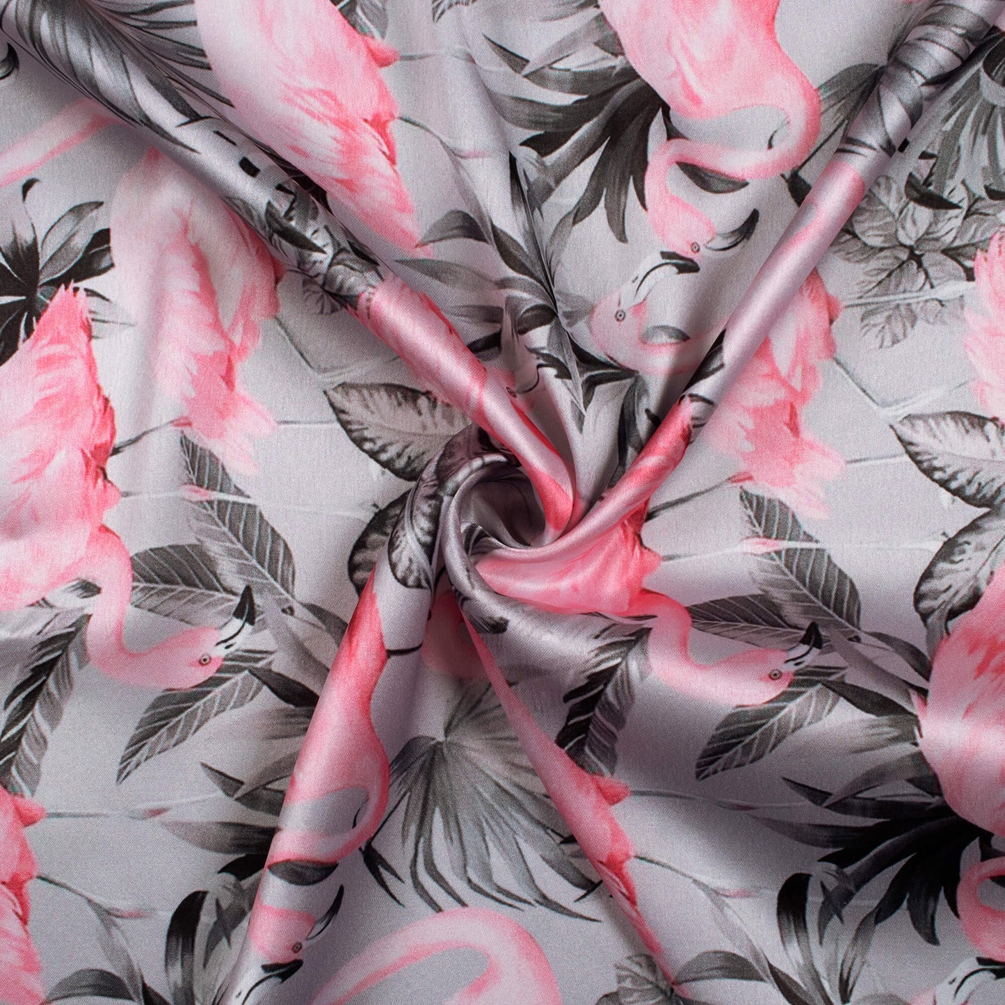 Steel Grey And Flamingo Pink Bird Pattern Digital Print Japan Satin Fabric