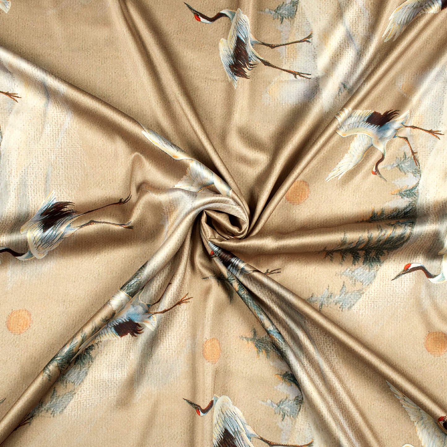 Sand Beige And Baby Blue Bird Pattern Digital Print Japan Satin Fabric