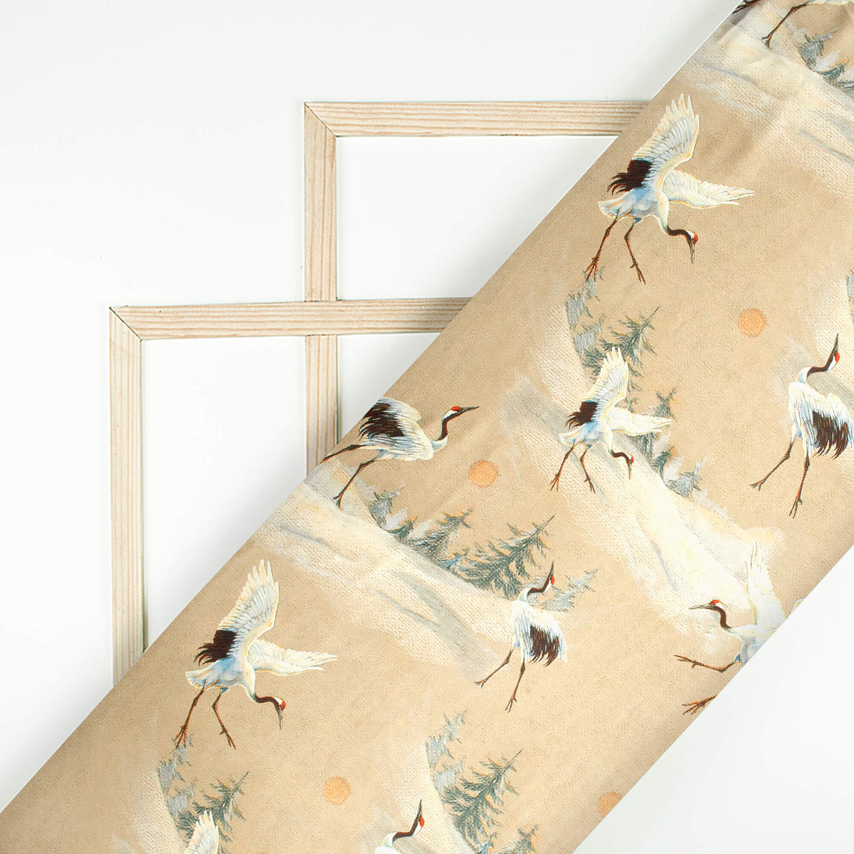 Sand Beige And Baby Blue Bird Pattern Digital Print Japan Satin Fabric