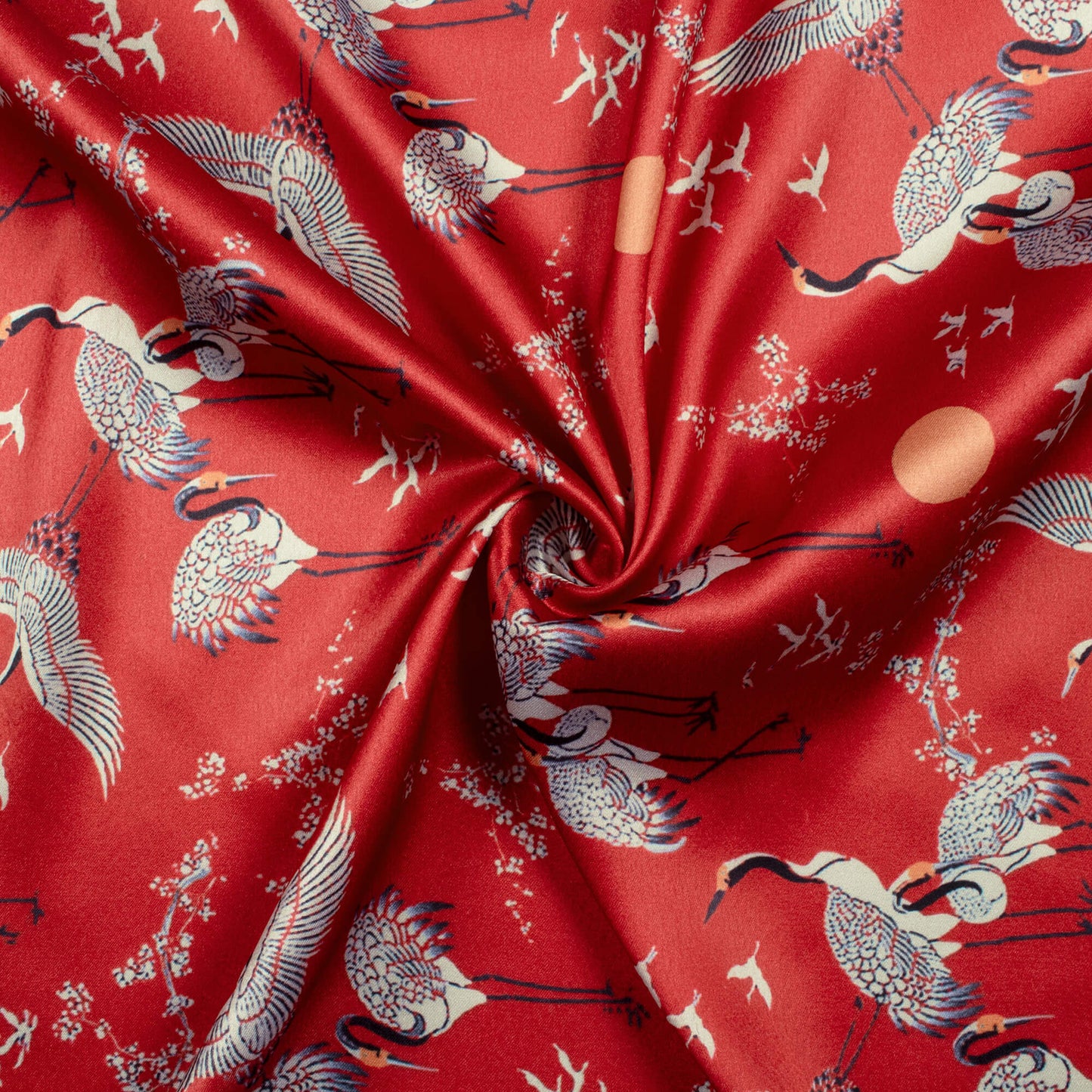 Berry Red And Off White Bird Pattern Digital Print Japan Satin Fabric