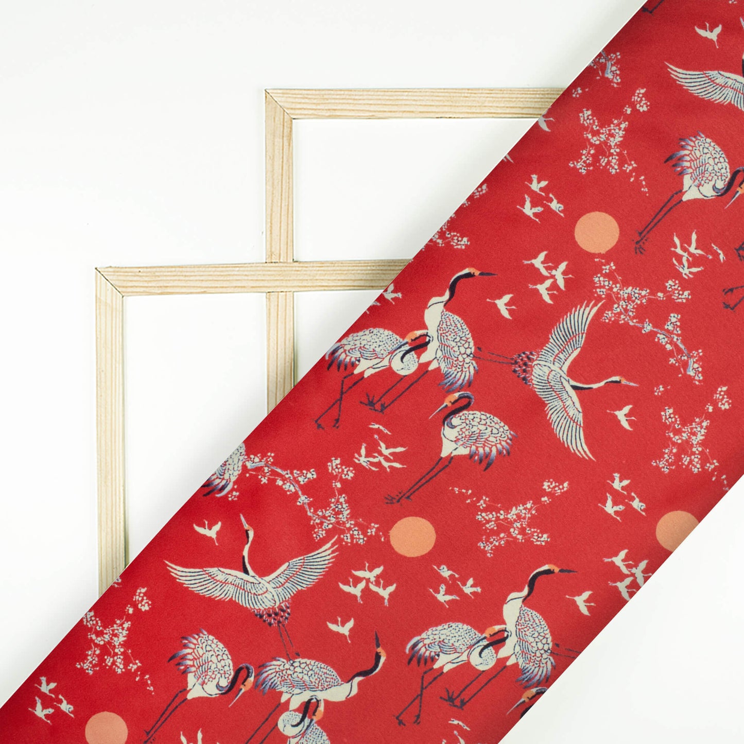 Berry Red And Off White Bird Pattern Digital Print Japan Satin Fabric