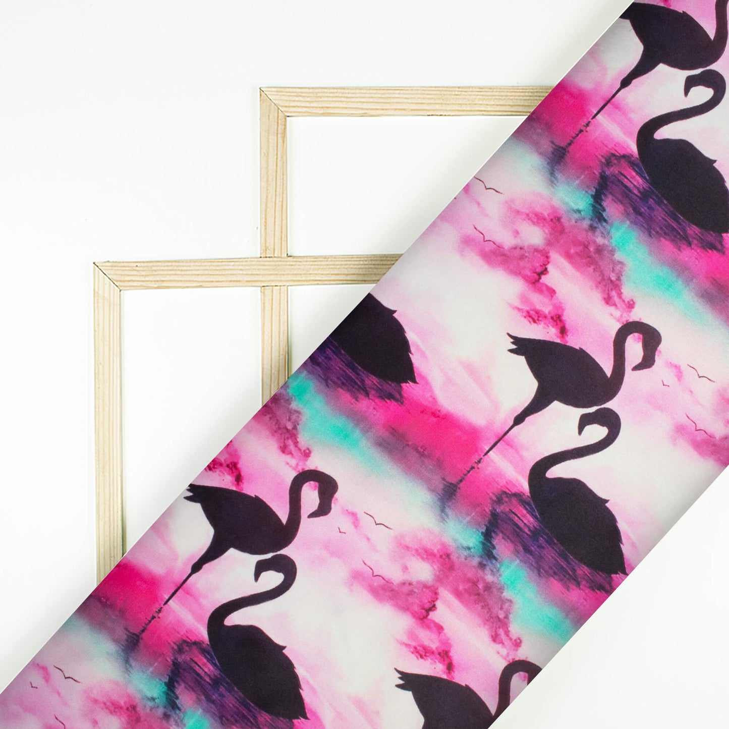 Fandango Pink And Black Bird Pattern Digital Print Japan Satin Fabric