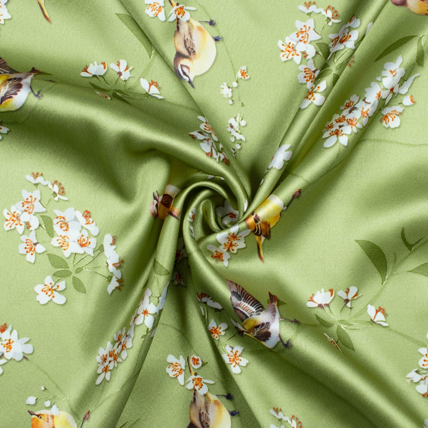 Moss Green And White Bird Pattern Digital Print Japan Satin Fabric