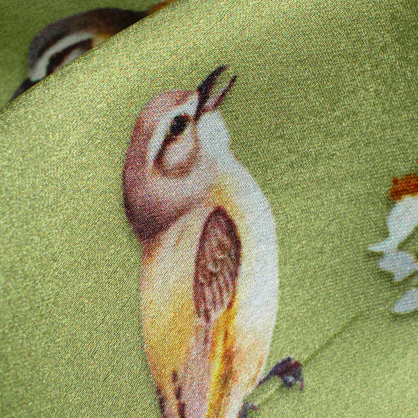 Moss Green And White Bird Pattern Digital Print Japan Satin Fabric