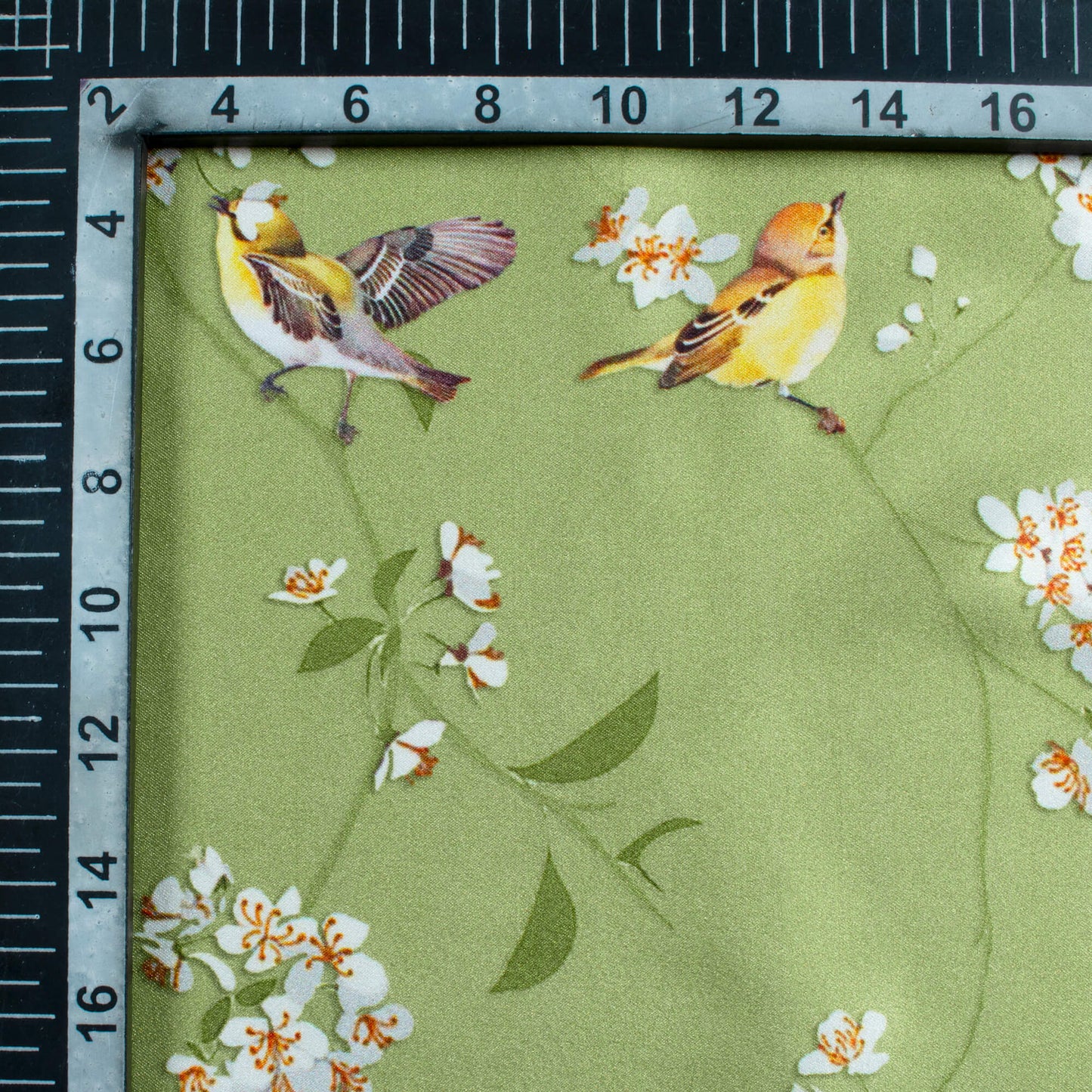 Moss Green And White Bird Pattern Digital Print Japan Satin Fabric