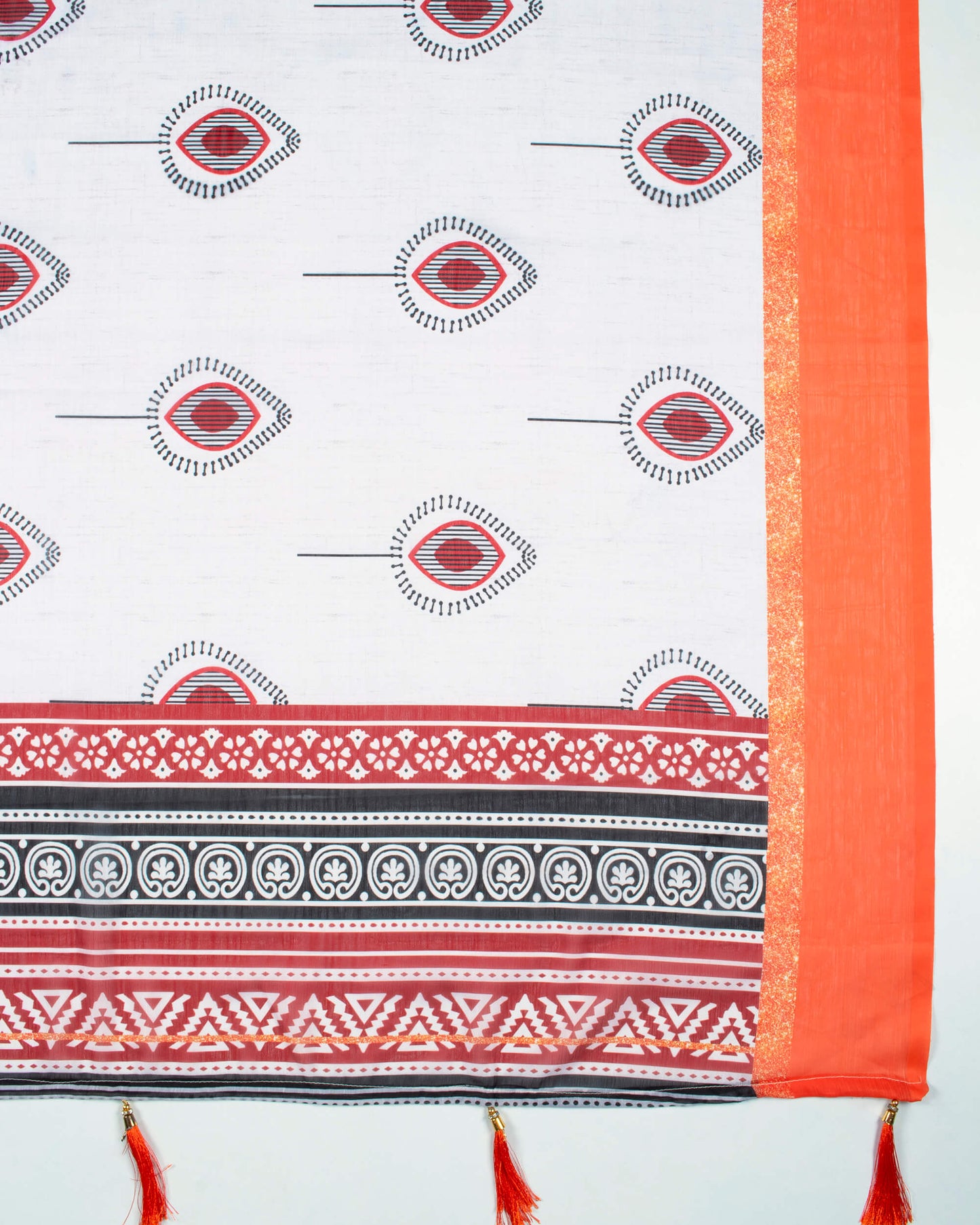 Tiger Orange And Off White Booti Pattern Digital Print Chiffon Dupatta With Tassels
