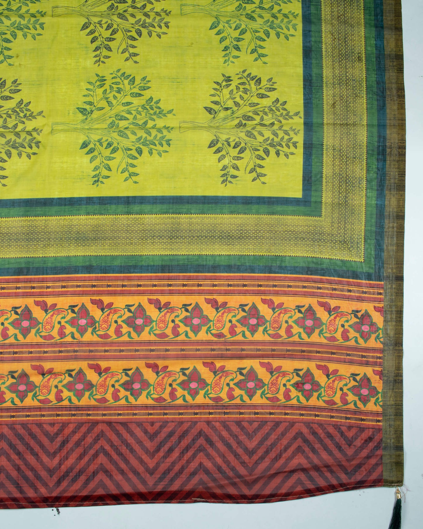 Maroon And Lime Green Leaf Pattern Digital Print Chiffon Dupatta With Tassels