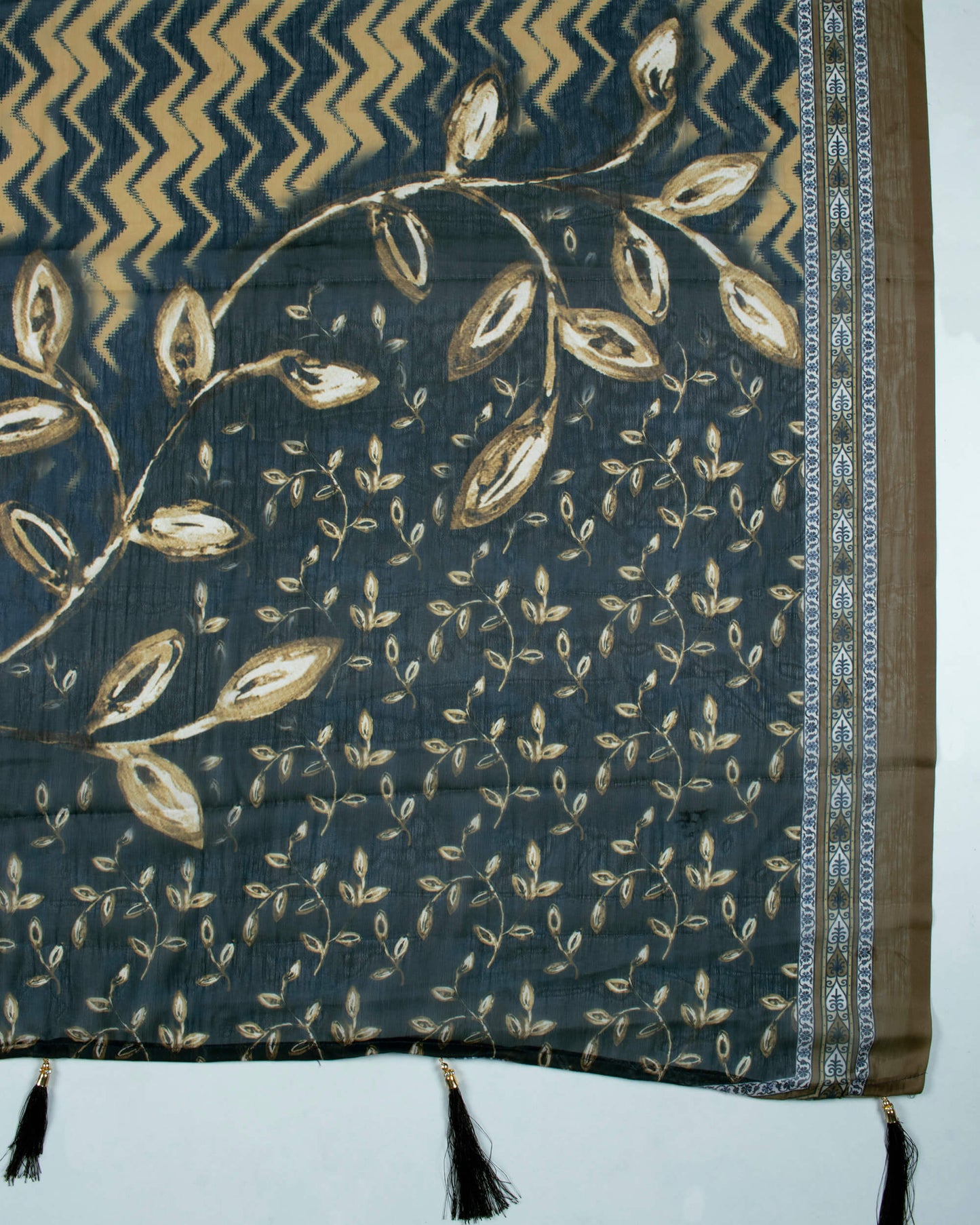 Olive Green And Navy Blue Chevron Pattern Digital Print Chiffon Dupatta With Tassels