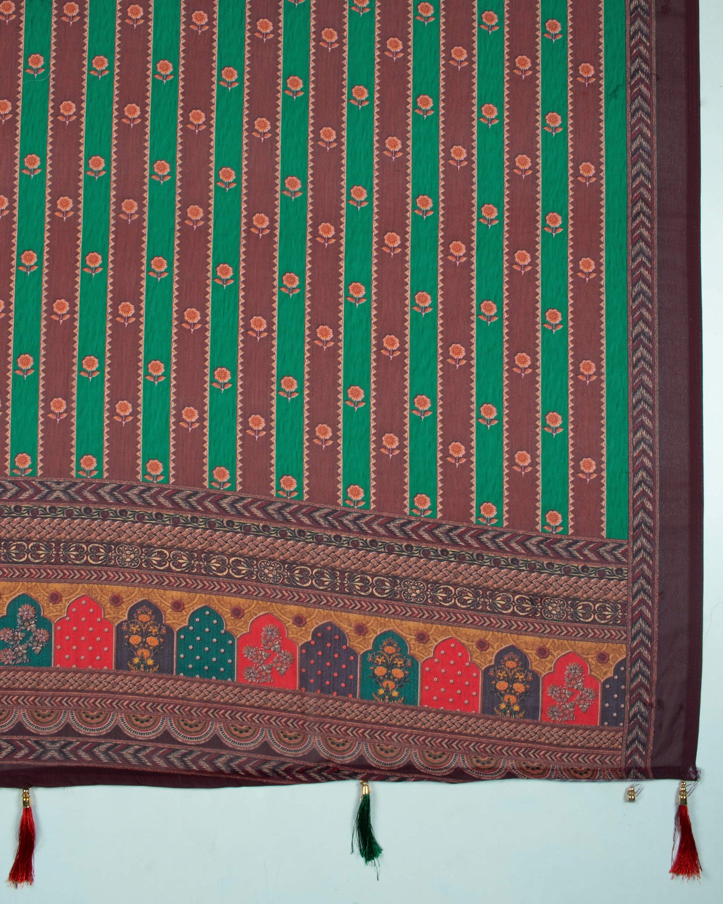 Maroon And Green Stripes Pattern Digital Print Georgette Dupatta With Tassels