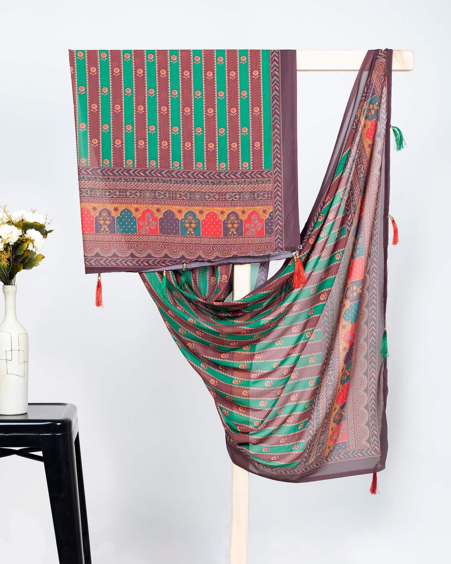 Maroon And Green Stripes Pattern Digital Print Georgette Dupatta With Tassels