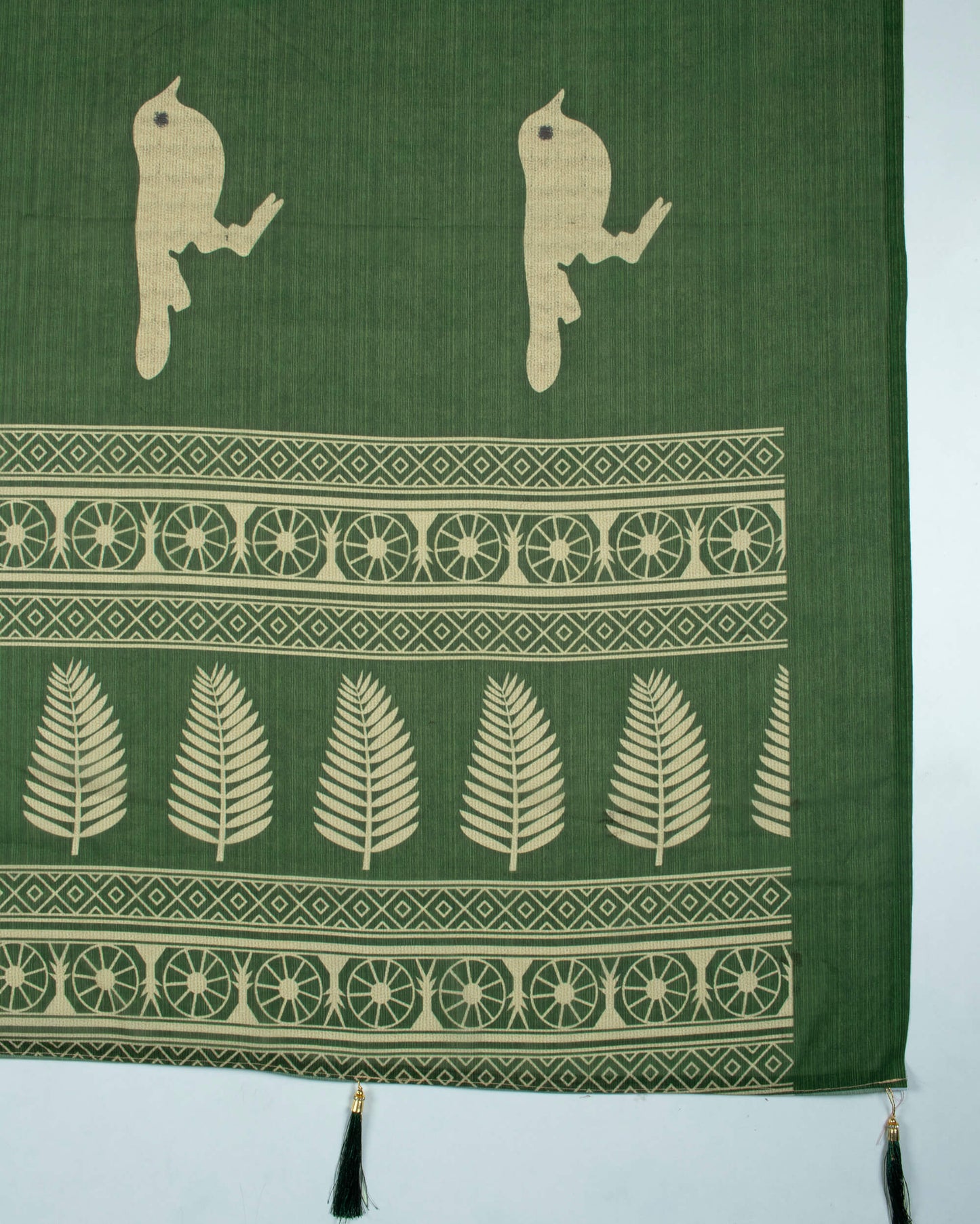 Fern Green And Beige Leaf Pattern Digital Print Georgette Dupatta With Tassels