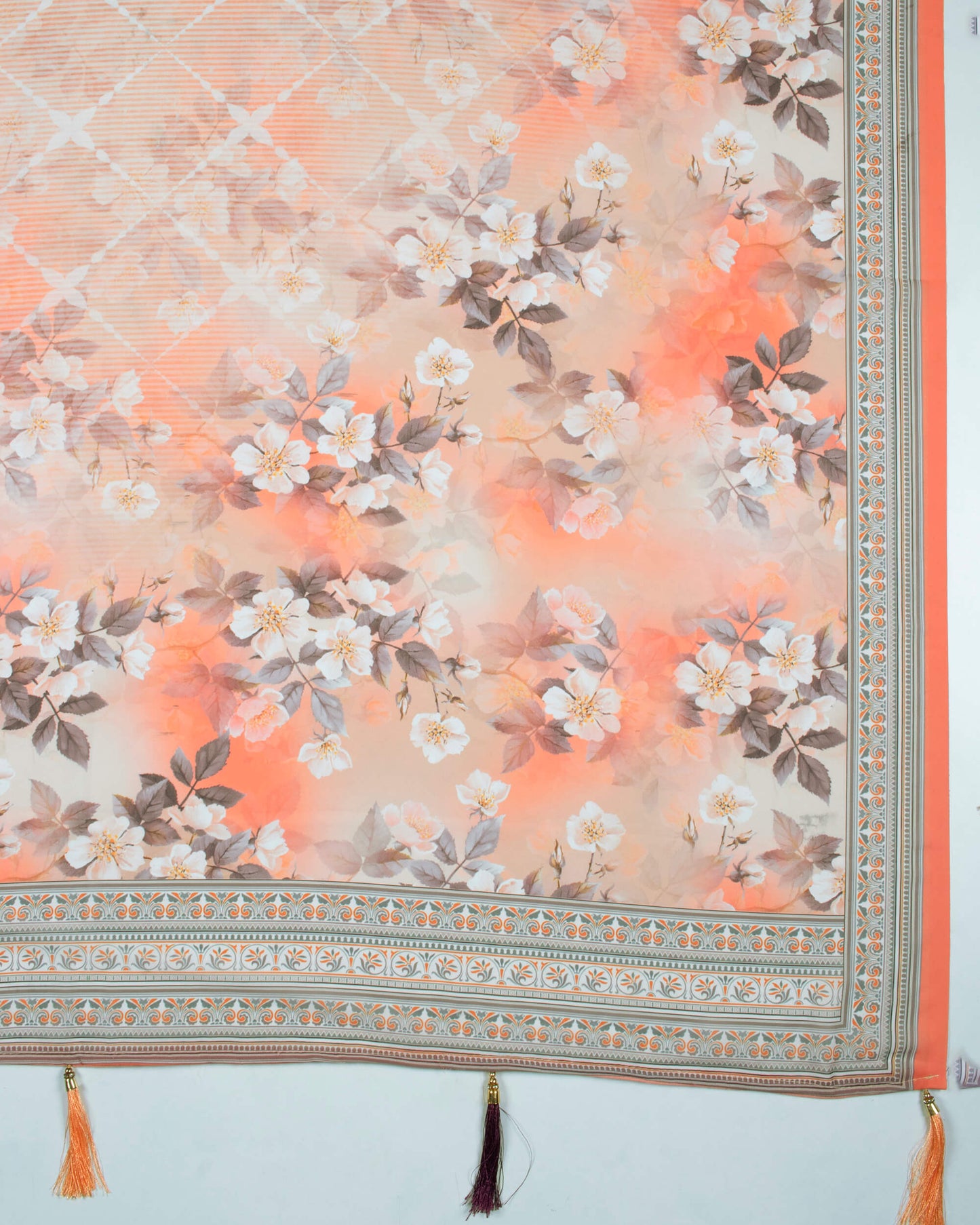 Salmon Pink And White Floral Pattern Digital Print Georgette Dupatta With Tassels