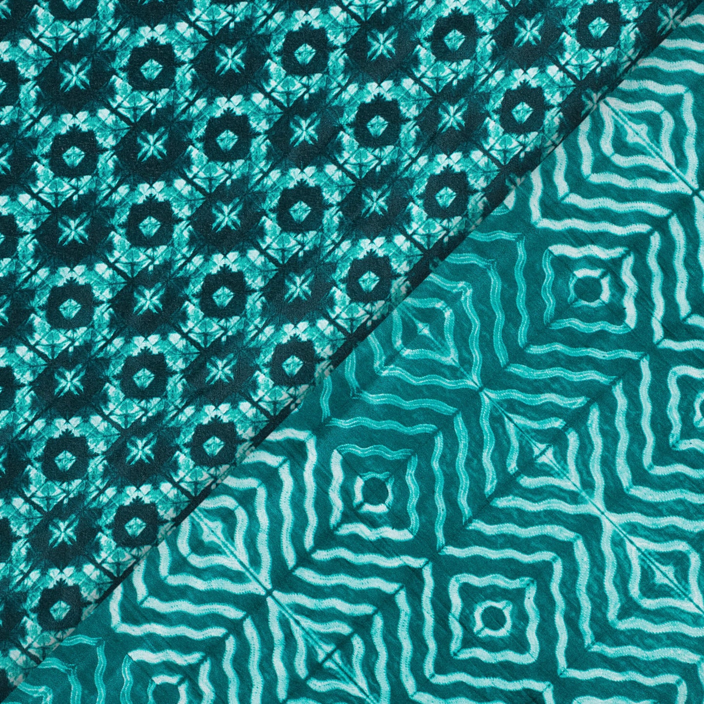 Teal Green Geometric Pattern Digital Print Crepe Silk Fabric