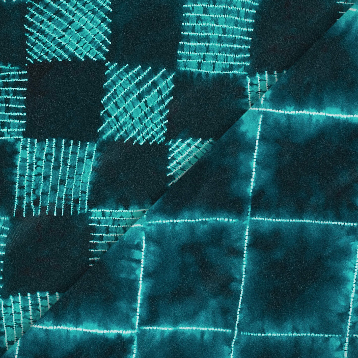 Dark Teal Green Shiiborii Pattern Digital Print Crepe Silk Fabric